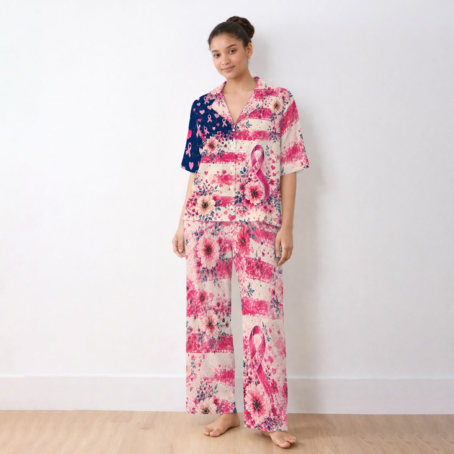 Breast Cancer Floral Flag Pajama Set, Soft Breathable Fabric Comfortable Sleepwear