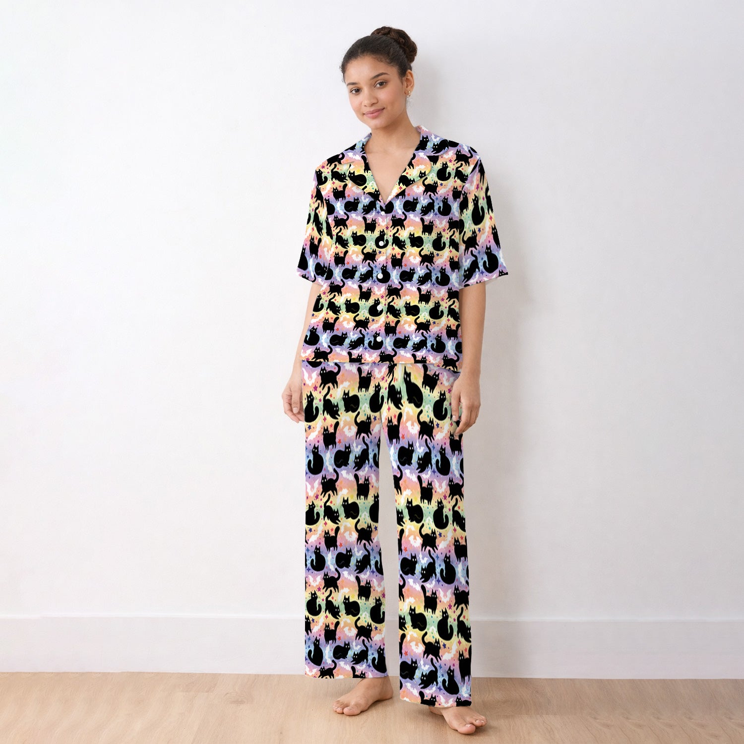 Pastel Star Black Cat Pattern Pajama Set, Soft Breathable Fabric Comfortable Sleepwear