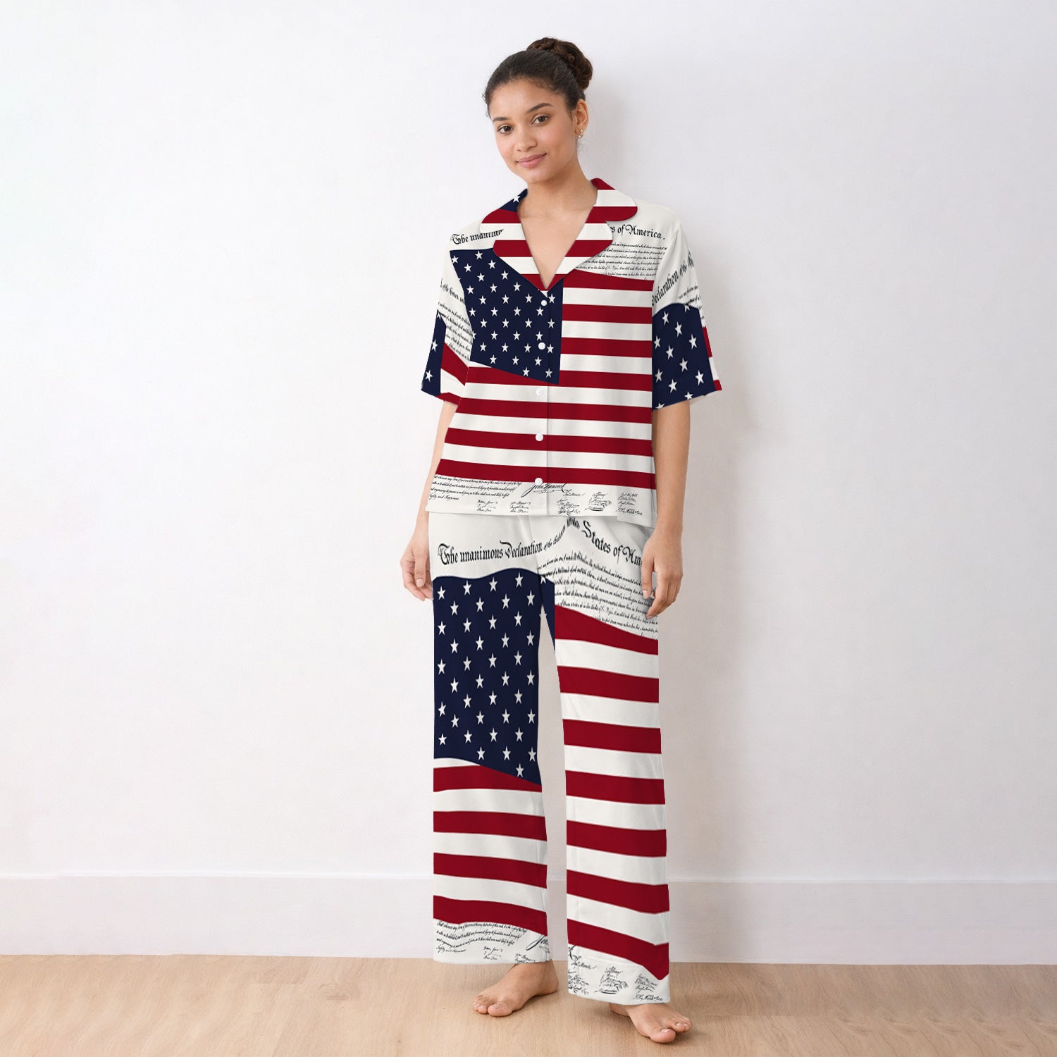 Patriotic Nurse American Flag Pattern Pajama Set, Soft Breathable Fabric Comfortable Sleepwear