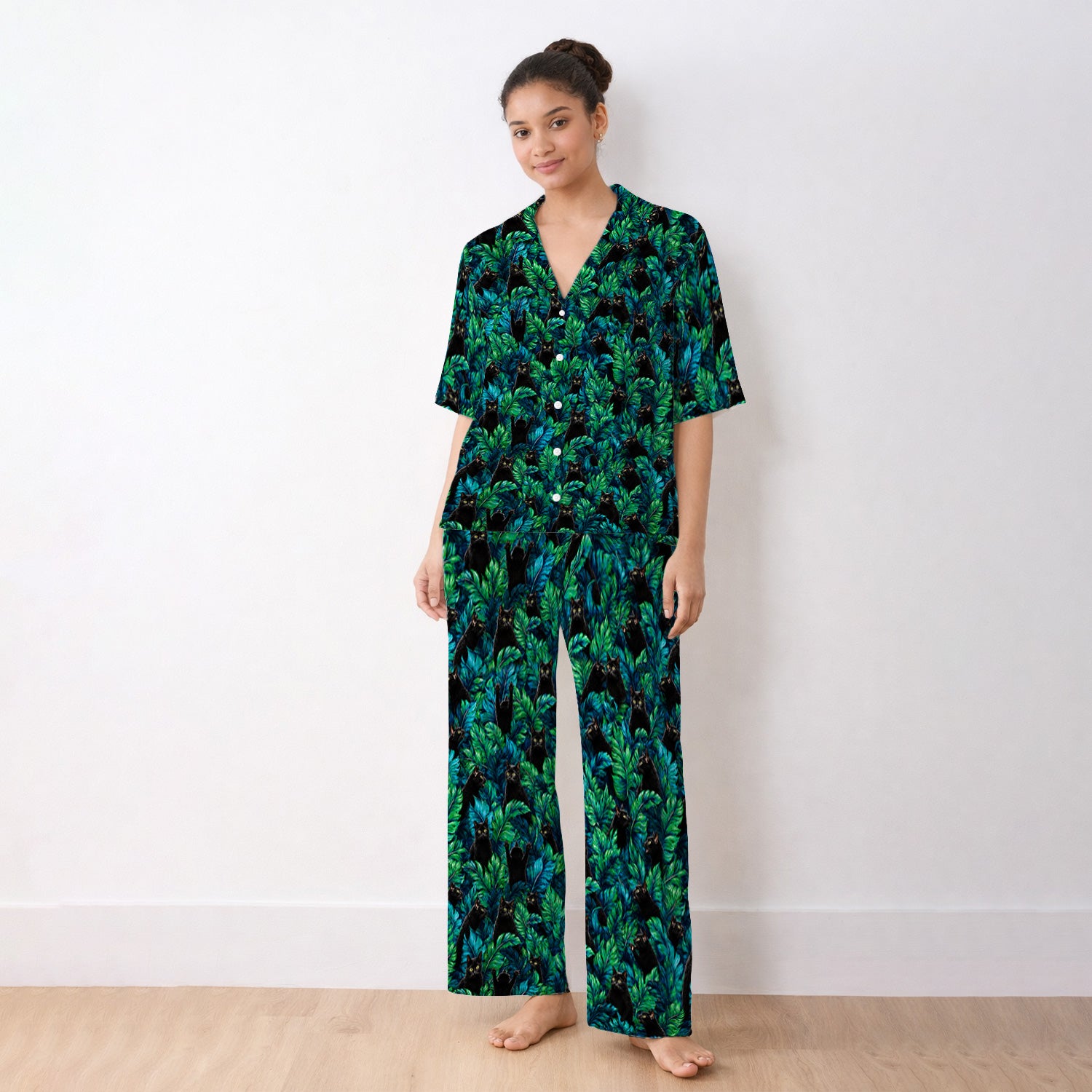 Black Cat Tropical Jungle Leaves Pattern Pajama Set, Soft Breathable Fabric Comfortable Sleepwear