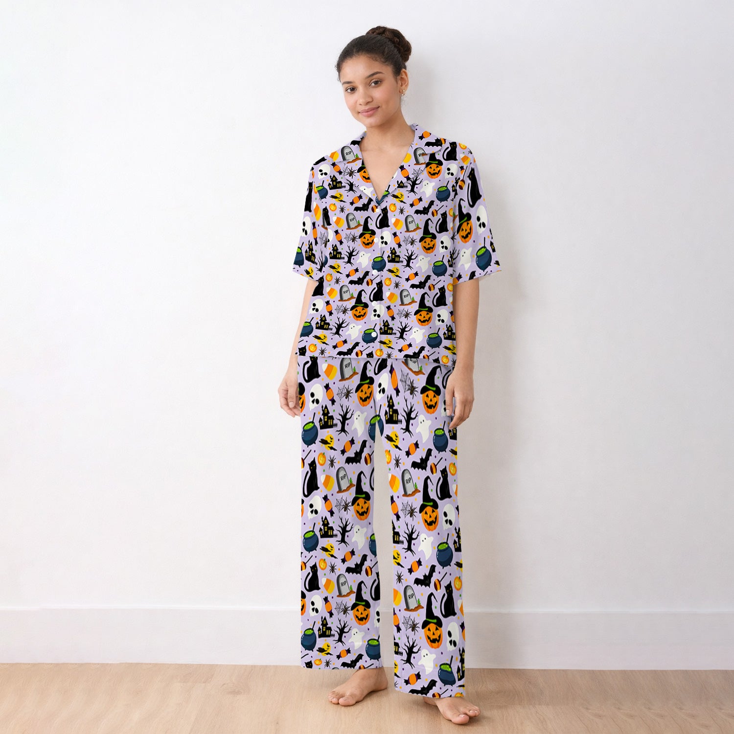 Ghost Pumpkin Witch Pattern Pajama Set, Soft Breathable Fabric Comfortable Sleepwear