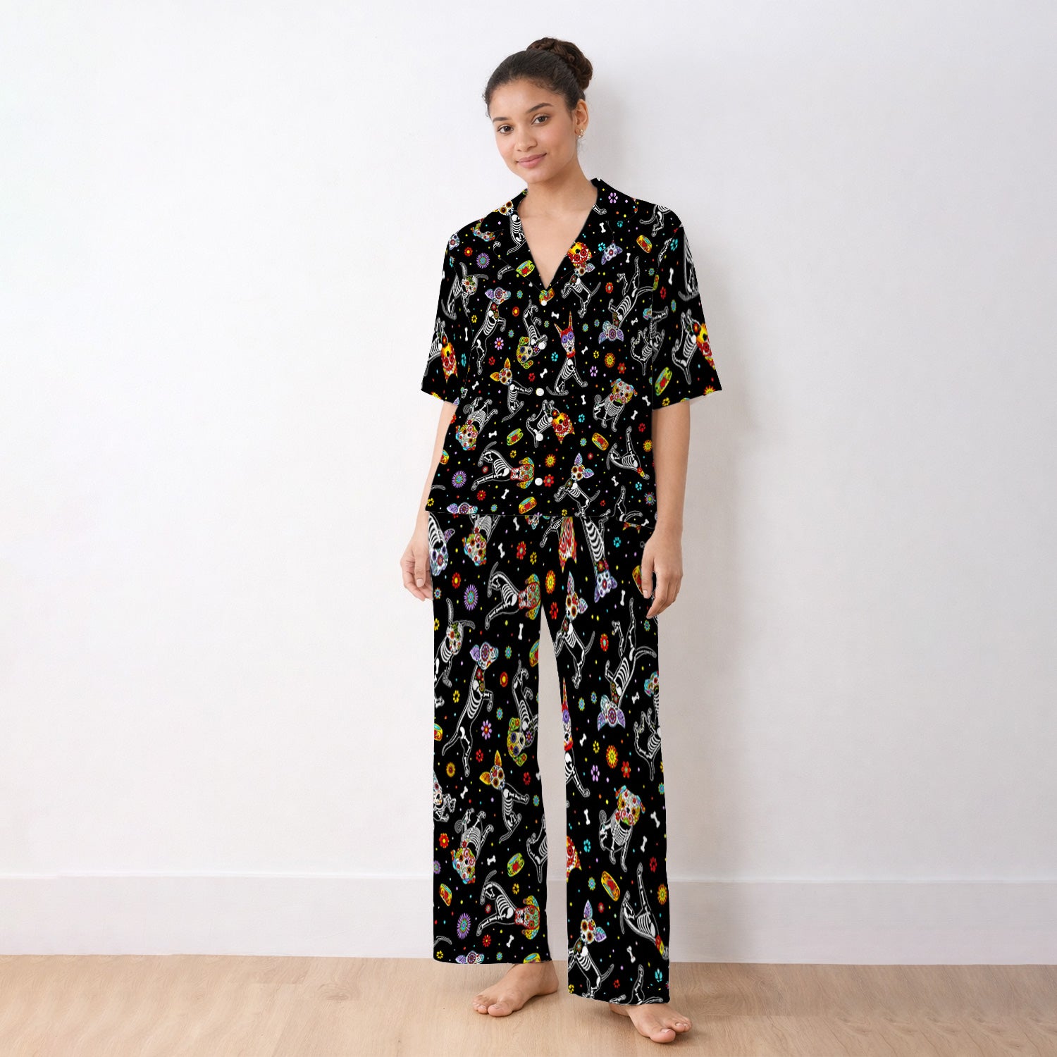 Colorful Day Of The Dead Dogs Pajama Set, Soft Breathable Fabric Comfortable Sleepwear