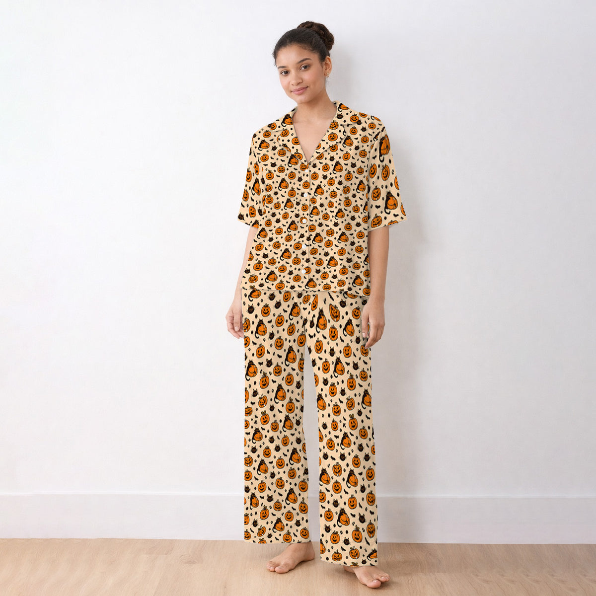 Cute Halloween Black Cat And Pumpkins Pajama Set, Soft Breathable Fabric Comfortable Sleepwear