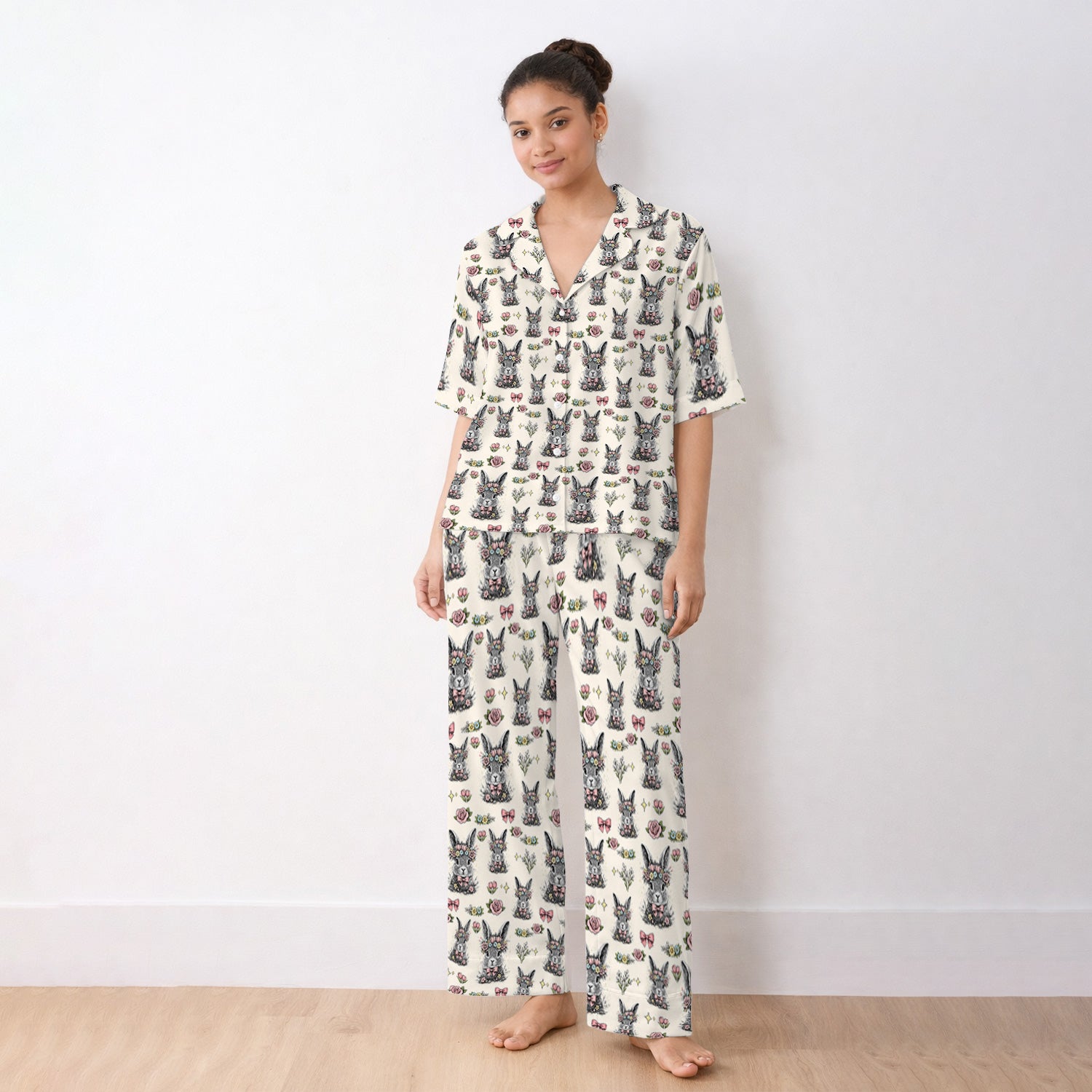 Easter Vintage Floral Bunny Print Pajama Set, Breathable Fabrics Uniform