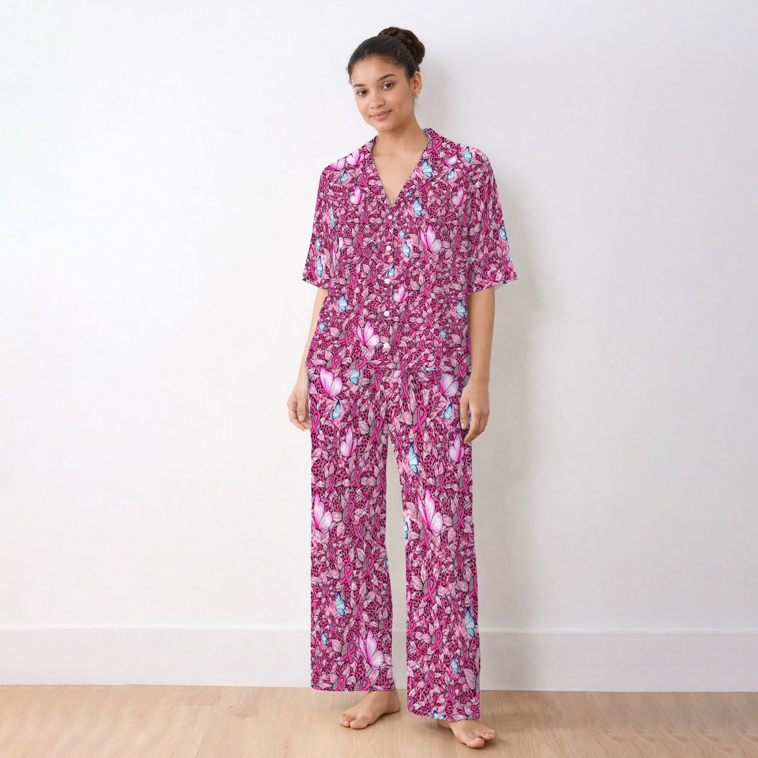 Pink Ribbon Butterfly Pajama Set, Soft Breathable Fabric Comfortable Sleepwear