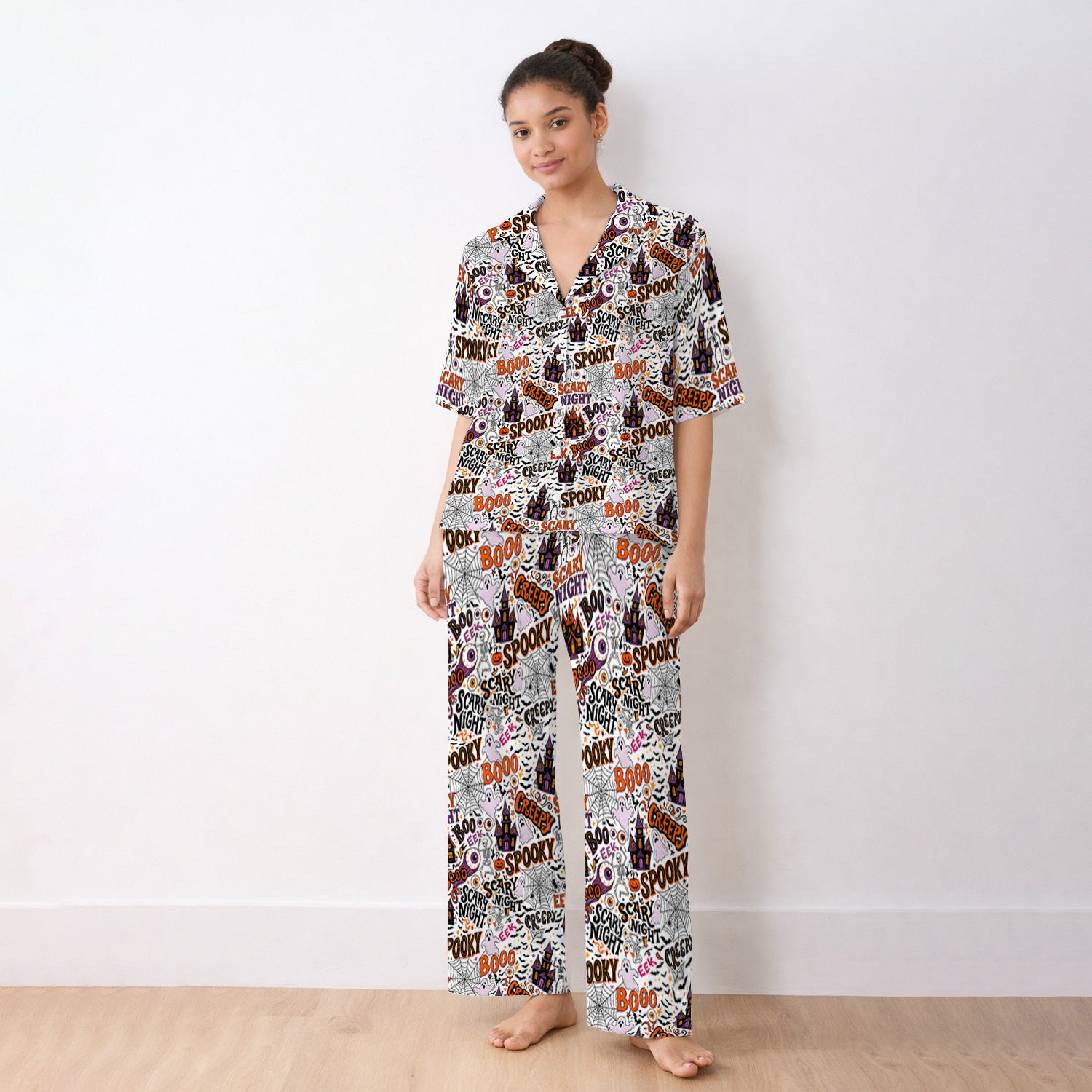 Spooky Halloween Haunted House Typography Pajama Set, Soft Breathable Fabric Comfortable Sleepwear