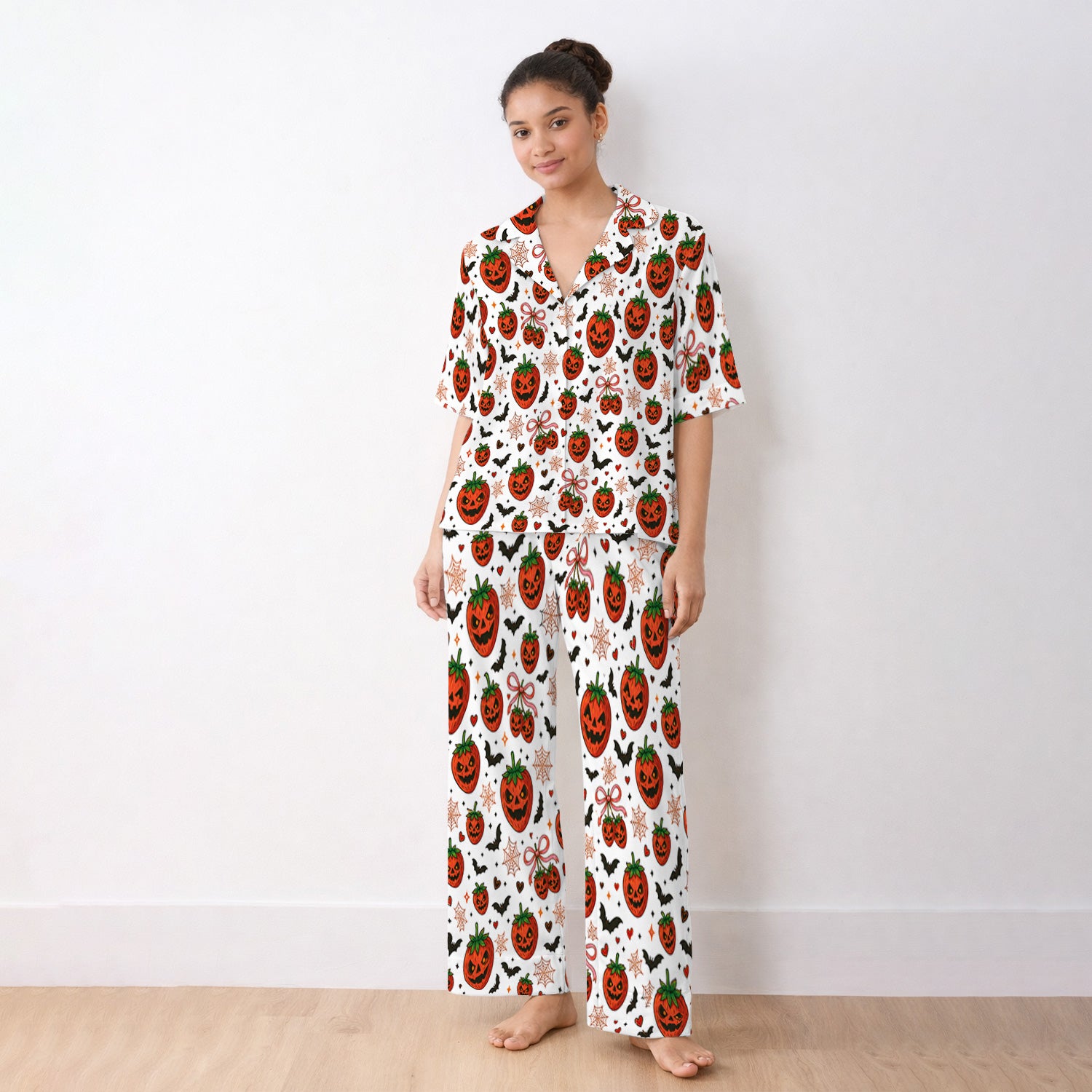Sweet Halloween Strawberry Jack O Lanterns Pajama Set, Soft Breathable Fabric Comfortable Sleepwear