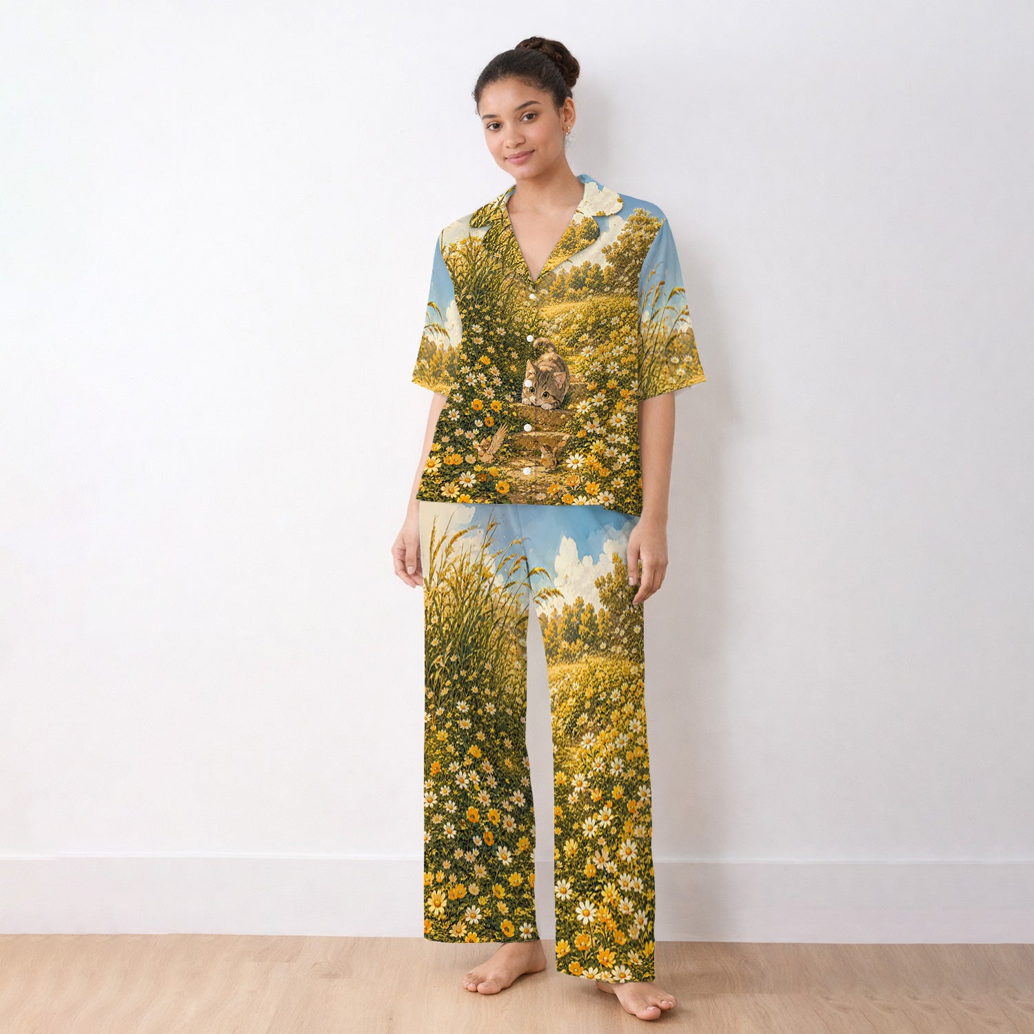 Sunny Garden Cat Nurse Pattern, Floral Medical Pajama Set, Soft Breathable Fabric Comfortable Sleepwear