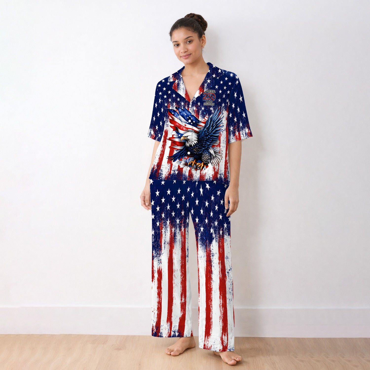 Personalized Patriotic Eagle Flag Pattern Pajama Set, Soft Breathable Fabric Comfortable Sleepwear