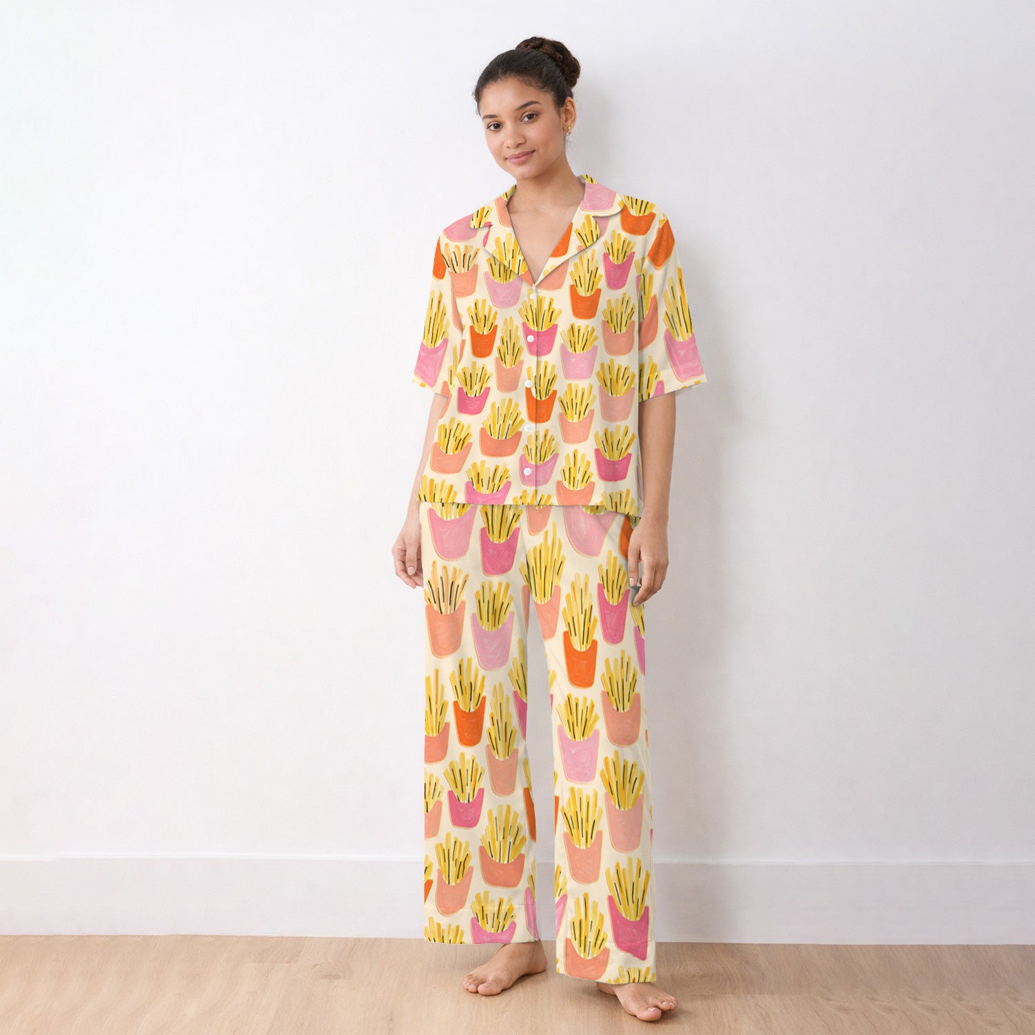 Funny French Fries Snack Food Pattern Pajama Set, Breathable Fabrics Uniform