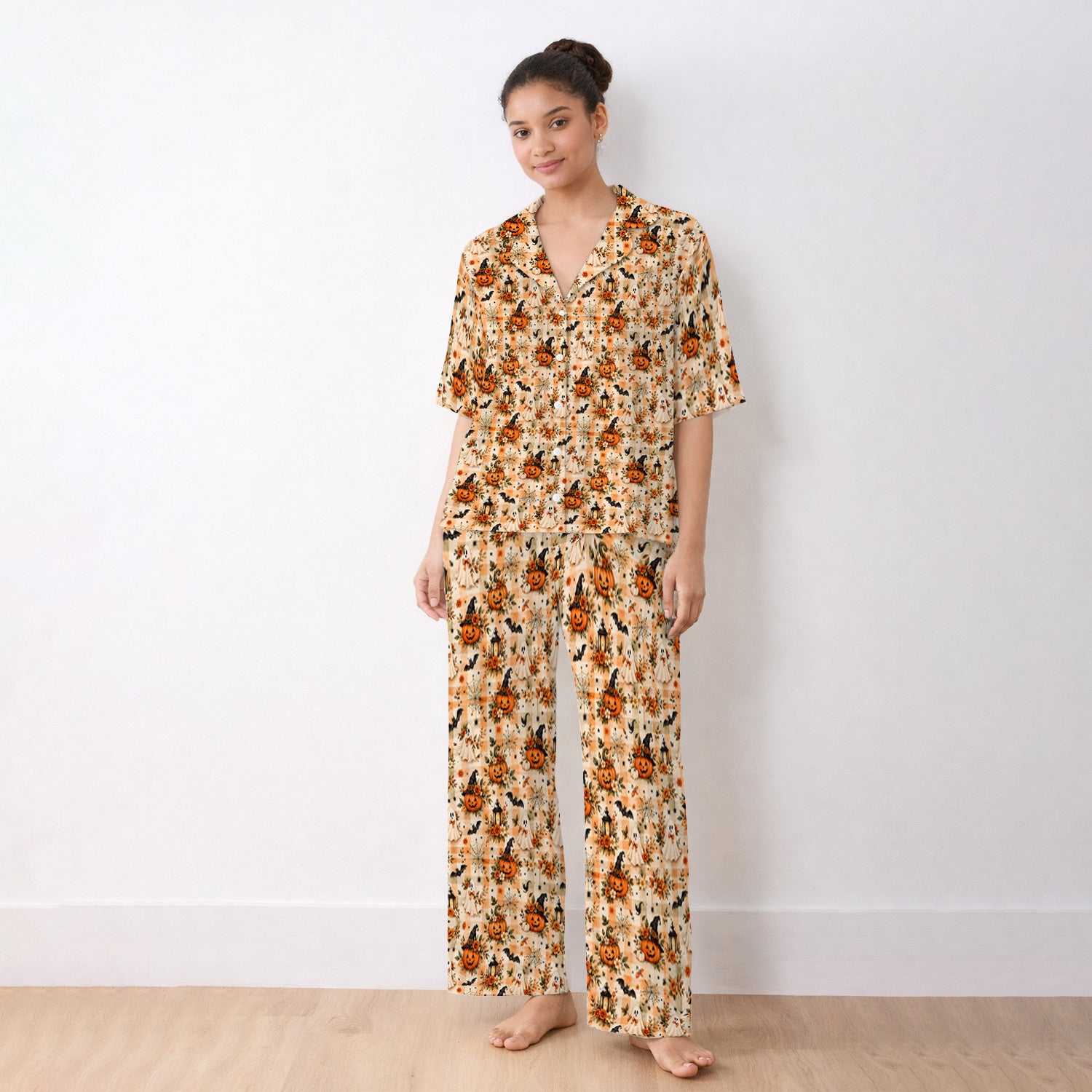 Vintage Halloween Pumpkin And Ghost Pajama Set, Soft Breathable Fabric Comfortable Sleepwear