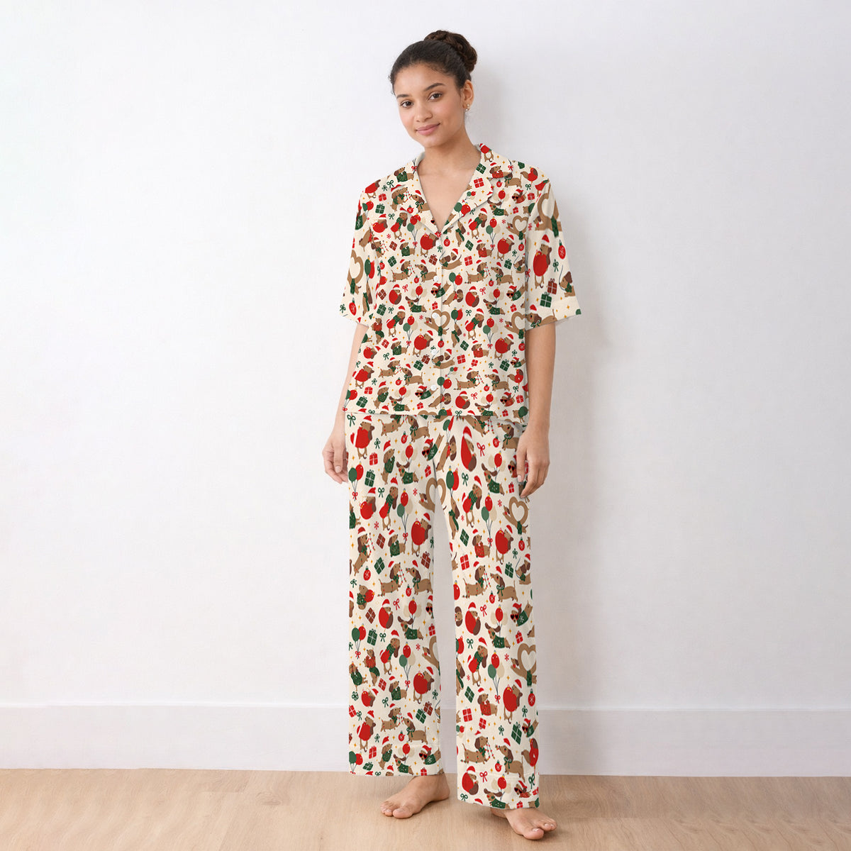 Cute Christmas Dachshund Pattern Pajama Set, Soft Breathable Fabric Comfortable Sleepwear