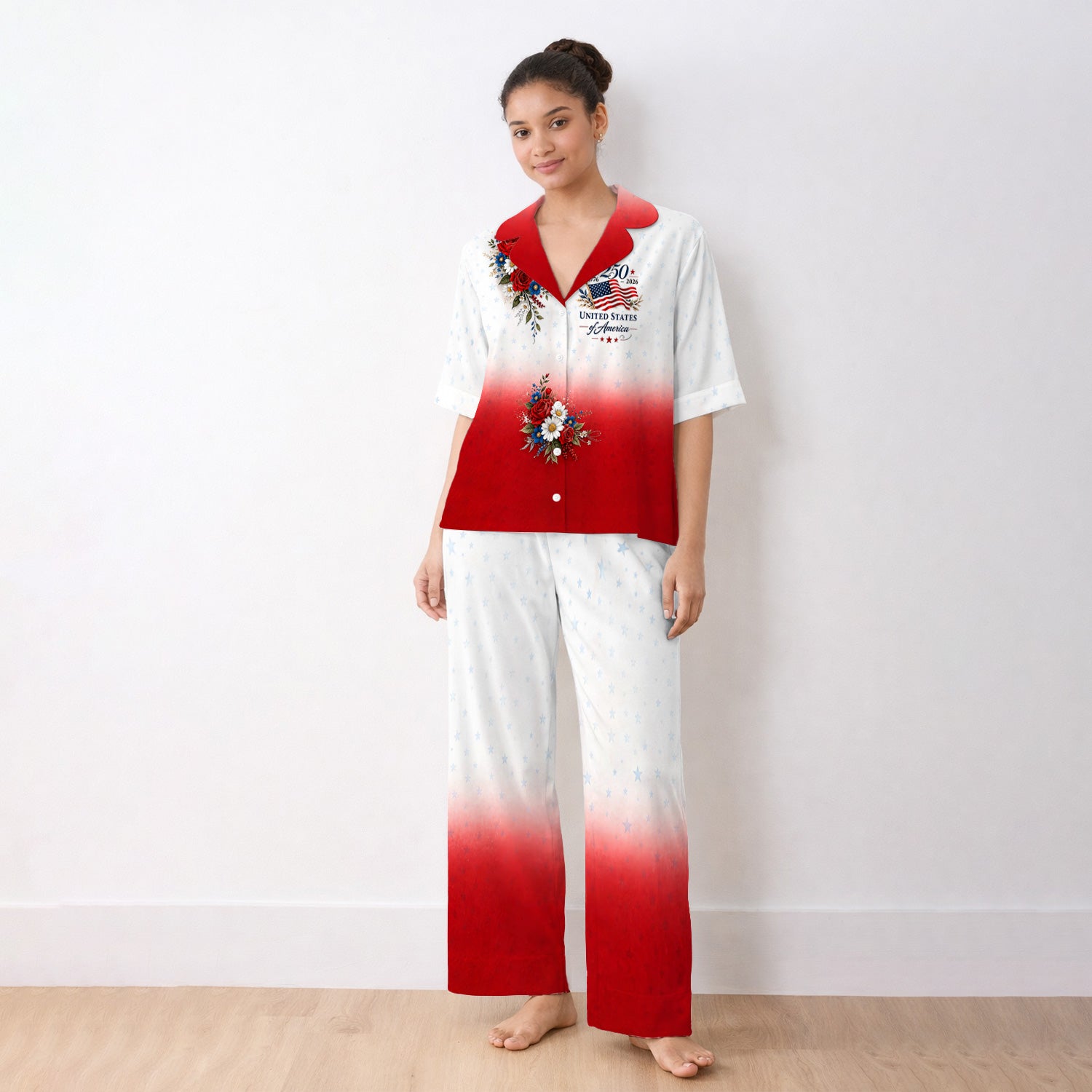 Patriotic 250th Flag Floral Pattern Pajama Set, Soft Breathable Fabric Comfortable Sleepwear