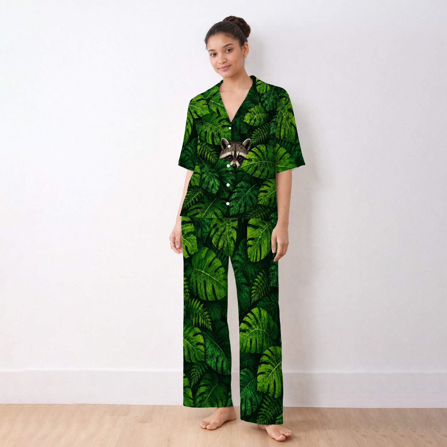 Cute Raccoon Tropical Leaf Pattern Pajama Set, Soft Breathable Fabric Comfortable Sleepwear