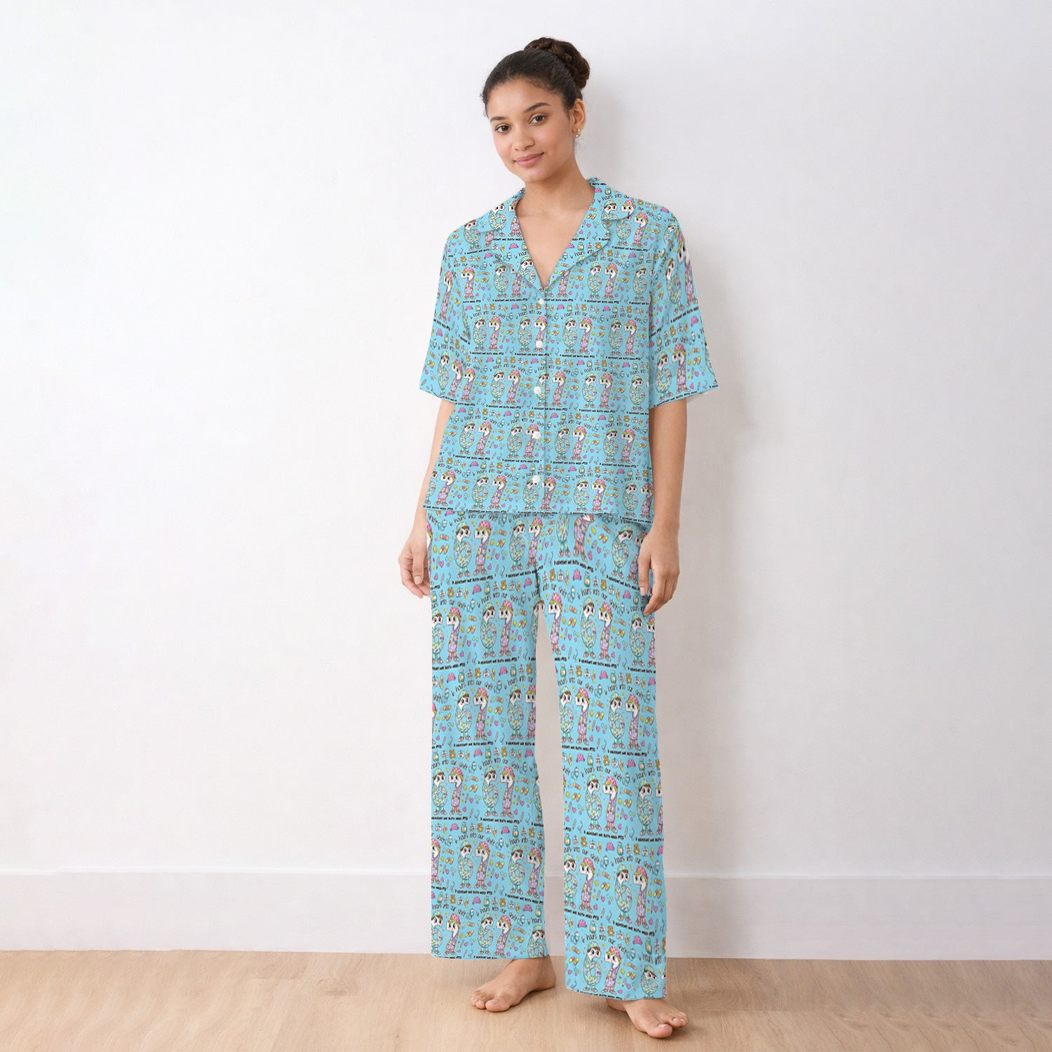 Cartoon Characters Six Hours Into Shift With Medical Doodle Pajama Set, Breathable Fabrics Uniform