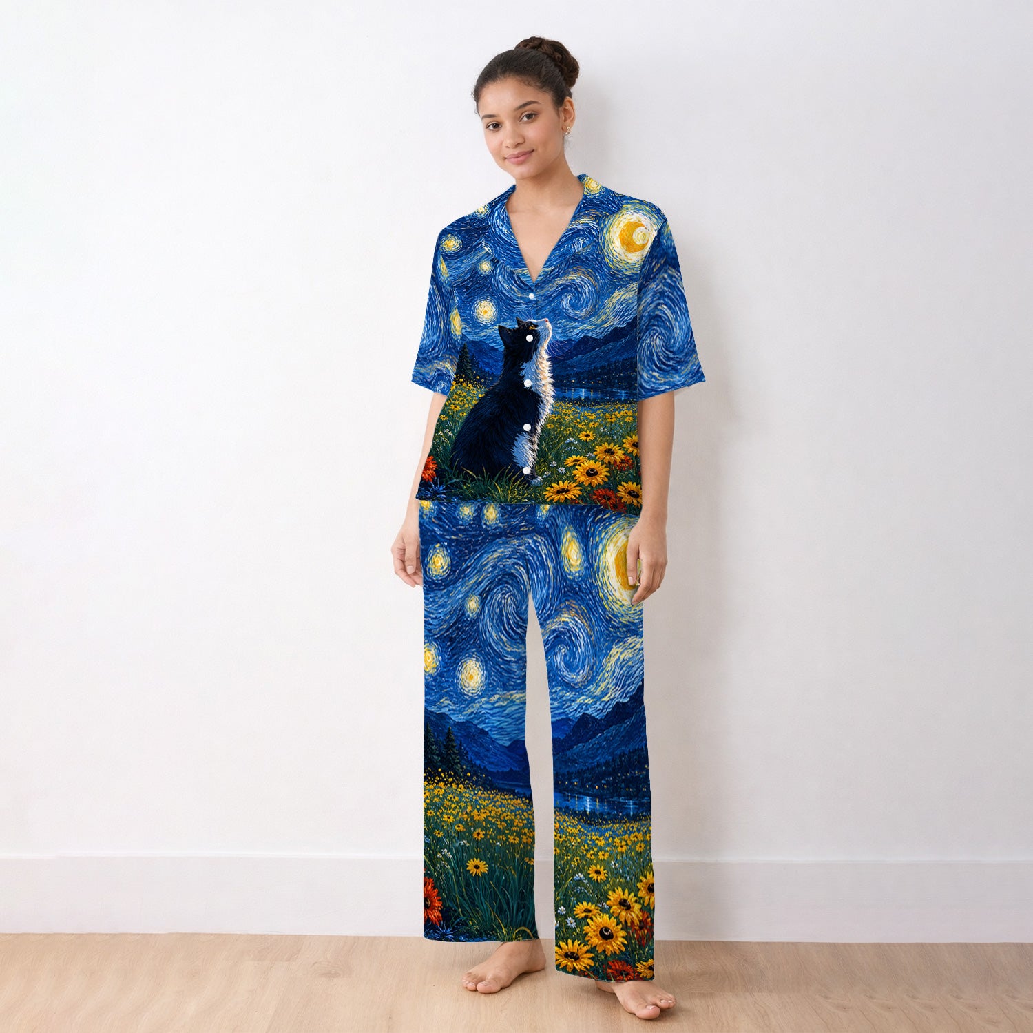 Starry Cat Night Veterinary Nurse Pattern Pajama Set, Soft Breathable Fabric Comfortable Sleepwear