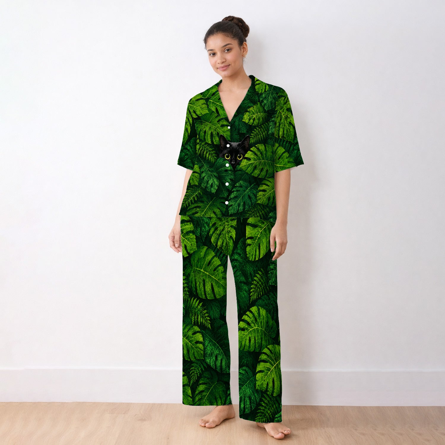 Cute Hidden Black Cat Pattern Pajama Set, Soft Breathable Fabric Comfortable Sleepwear
