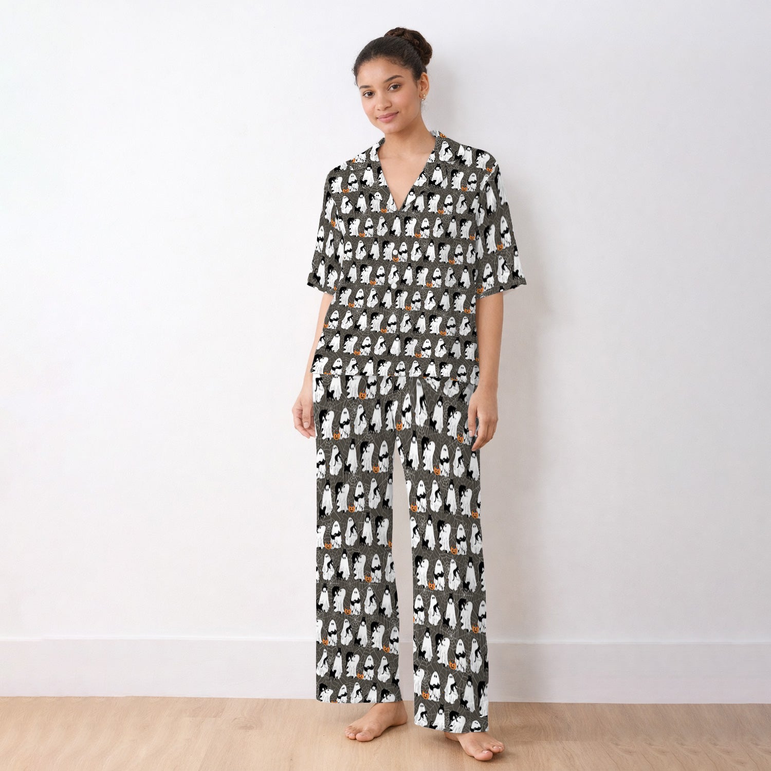 Black Cat and Ghost Print Pajama Set, Soft Breathable Fabric Comfortable Sleepwear