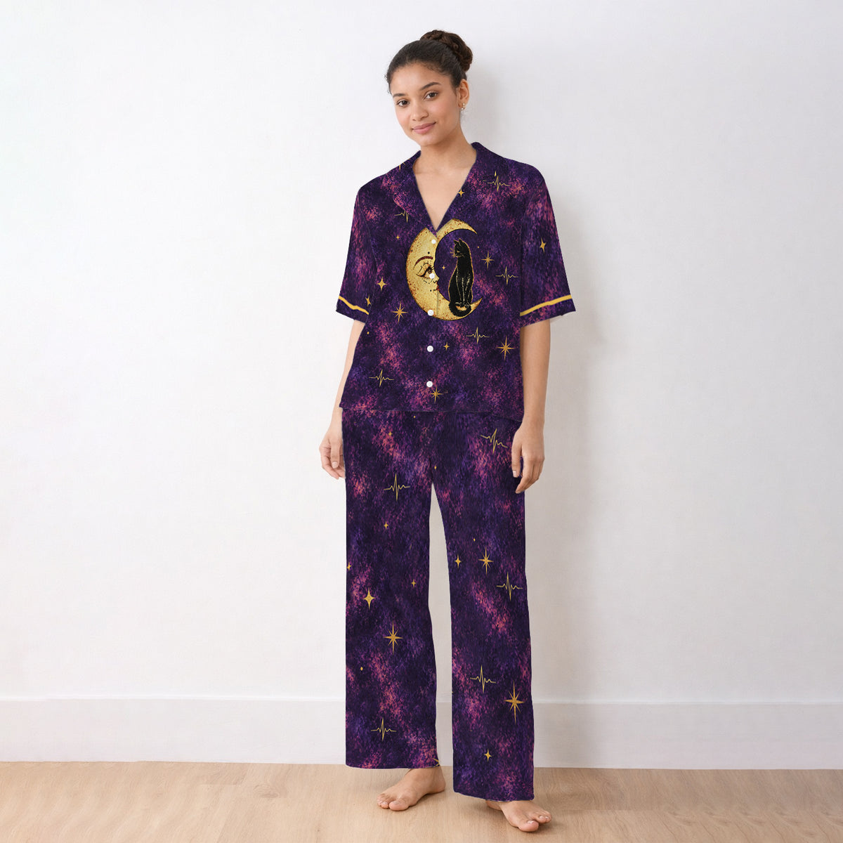Celestial Nurse Black Cat Crescent Moon Pajama Set, Soft Breathable Fabric Comfortable Sleepwear