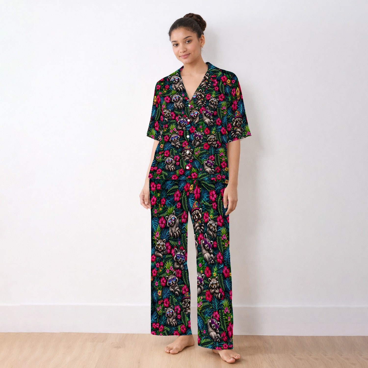 Tropical Raccoon Nurse Floral Pattern Pajama Set, Soft Breathable Fabric Comfortable Sleepwear