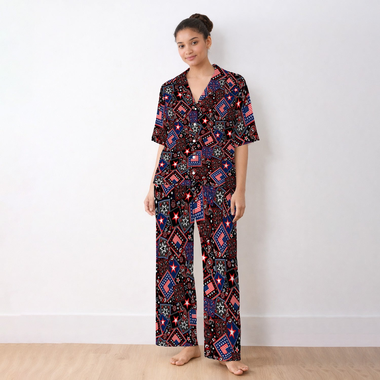 Patriotic Bandana With USA Flag Pattern Pajama Set, Soft Breathable Fabric Comfortable Sleepwear