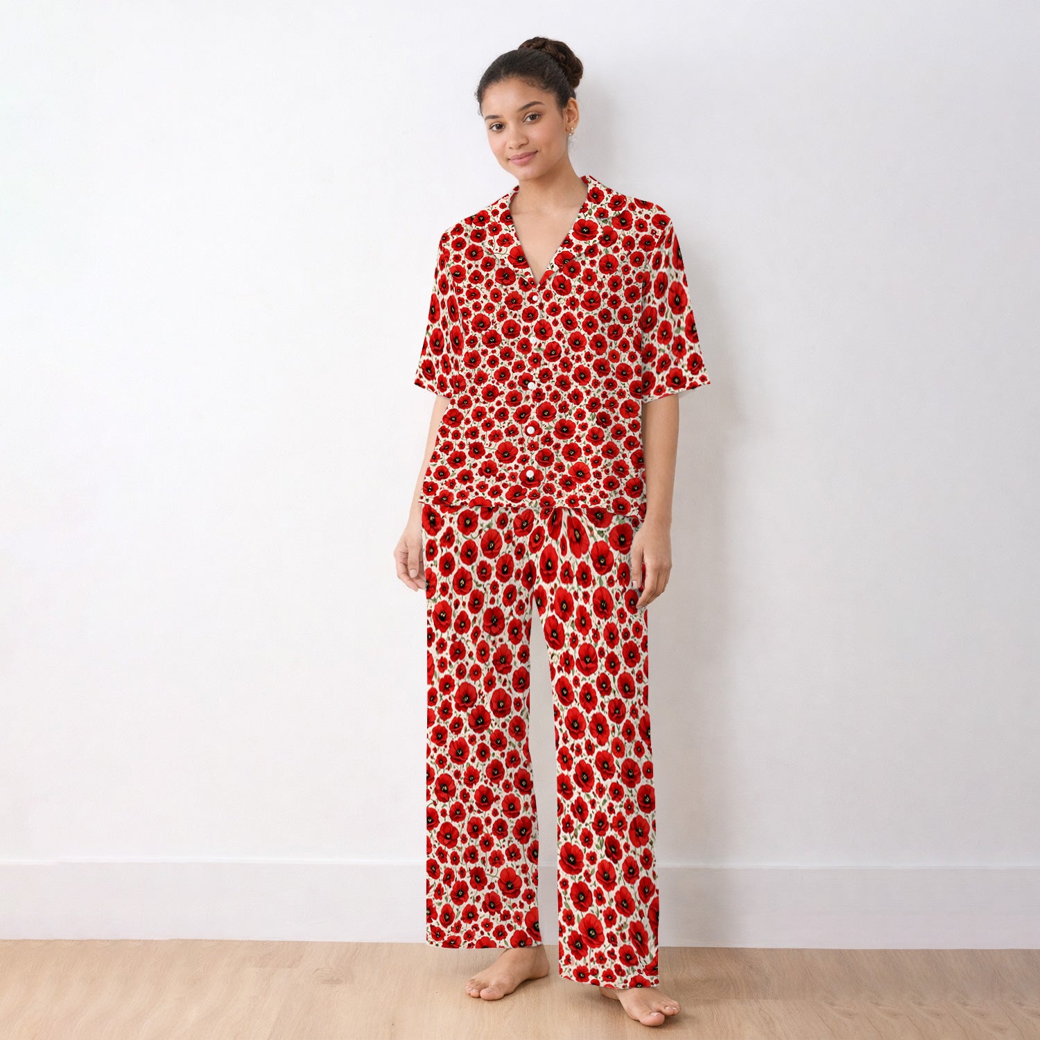 Pretty Red Poppy Flower Garden Pattern Pajama Set, Soft Breathable Fabric Comfortable Sleepwear