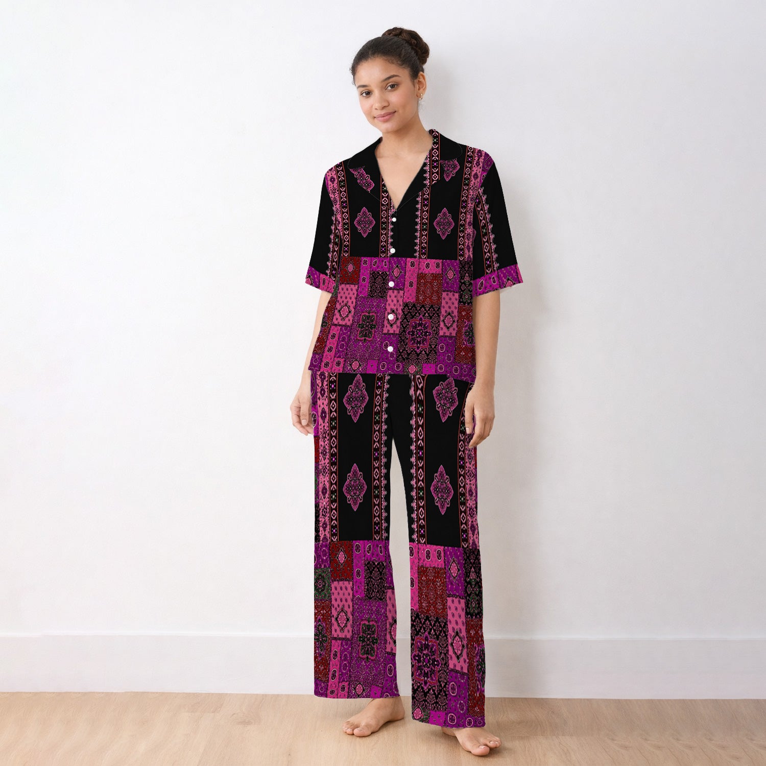 Boho Pink Bandana Patchwork Pattern Pajama Set, Soft Breathable Fabric Comfortable Sleepwear