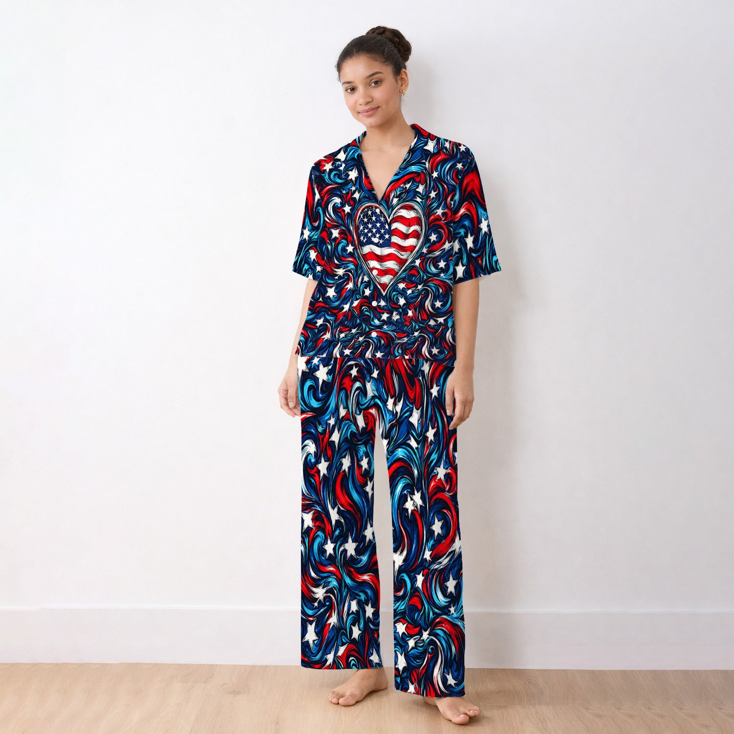 American Flag Heart Pattern Pajama Set, Soft Breathable Fabric Comfortable Sleepwear