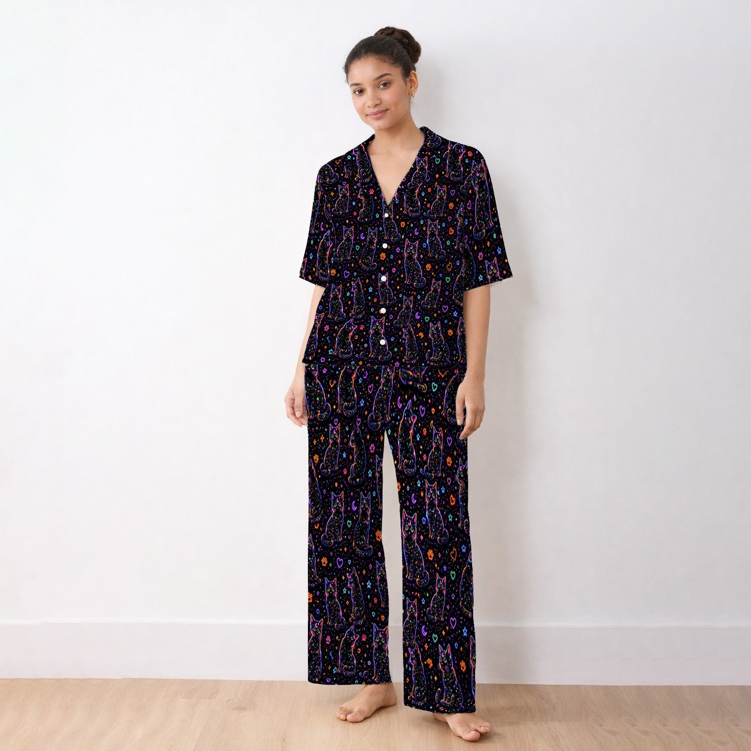 Mystical Cosmic Moon Cat Pattern Pajama Set, Soft Breathable Fabric Comfortable Sleepwear