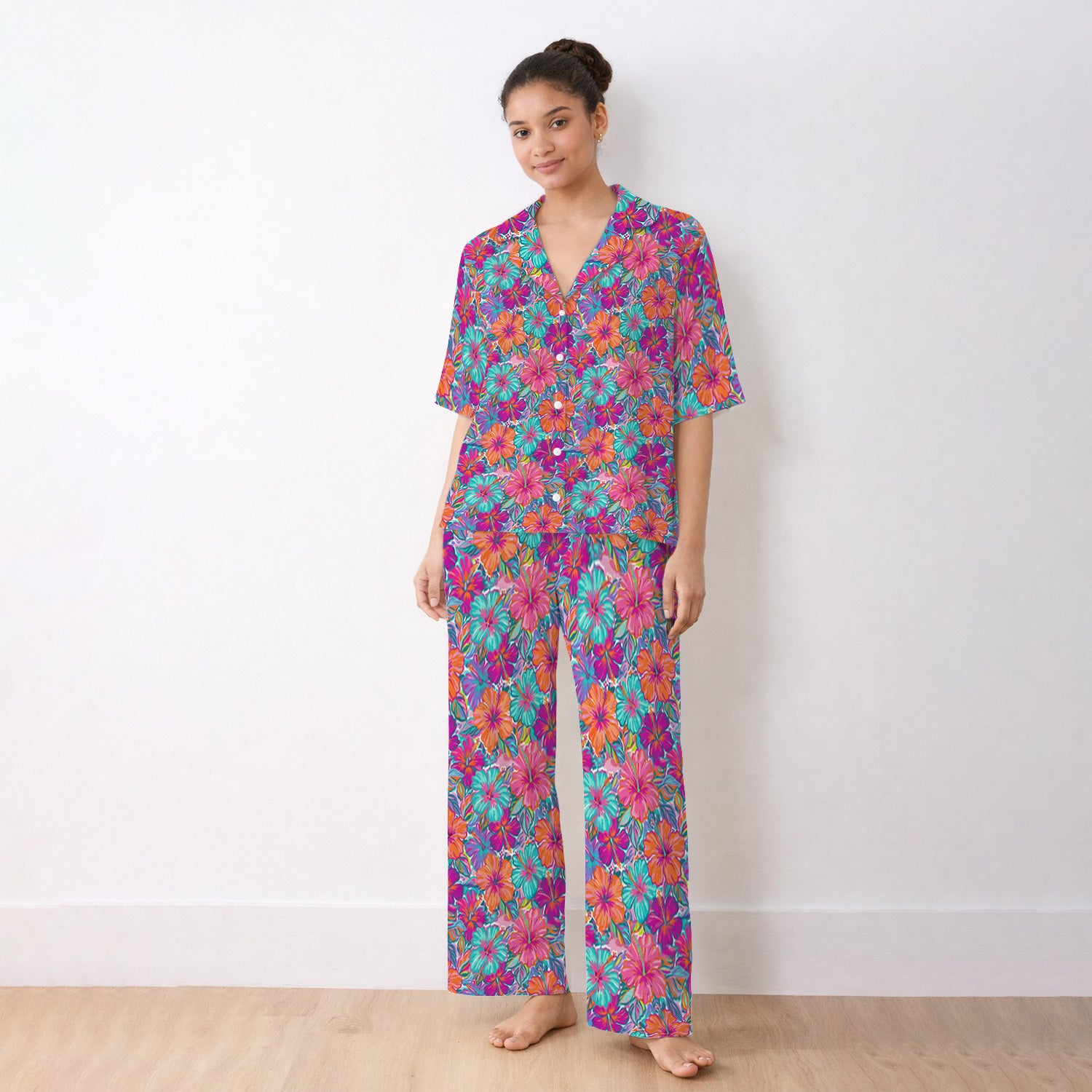 Vibrant Hibiscus Tropical Floral Pattern Pajama Set, Soft Breathable Fabric Comfortable Sleepwear