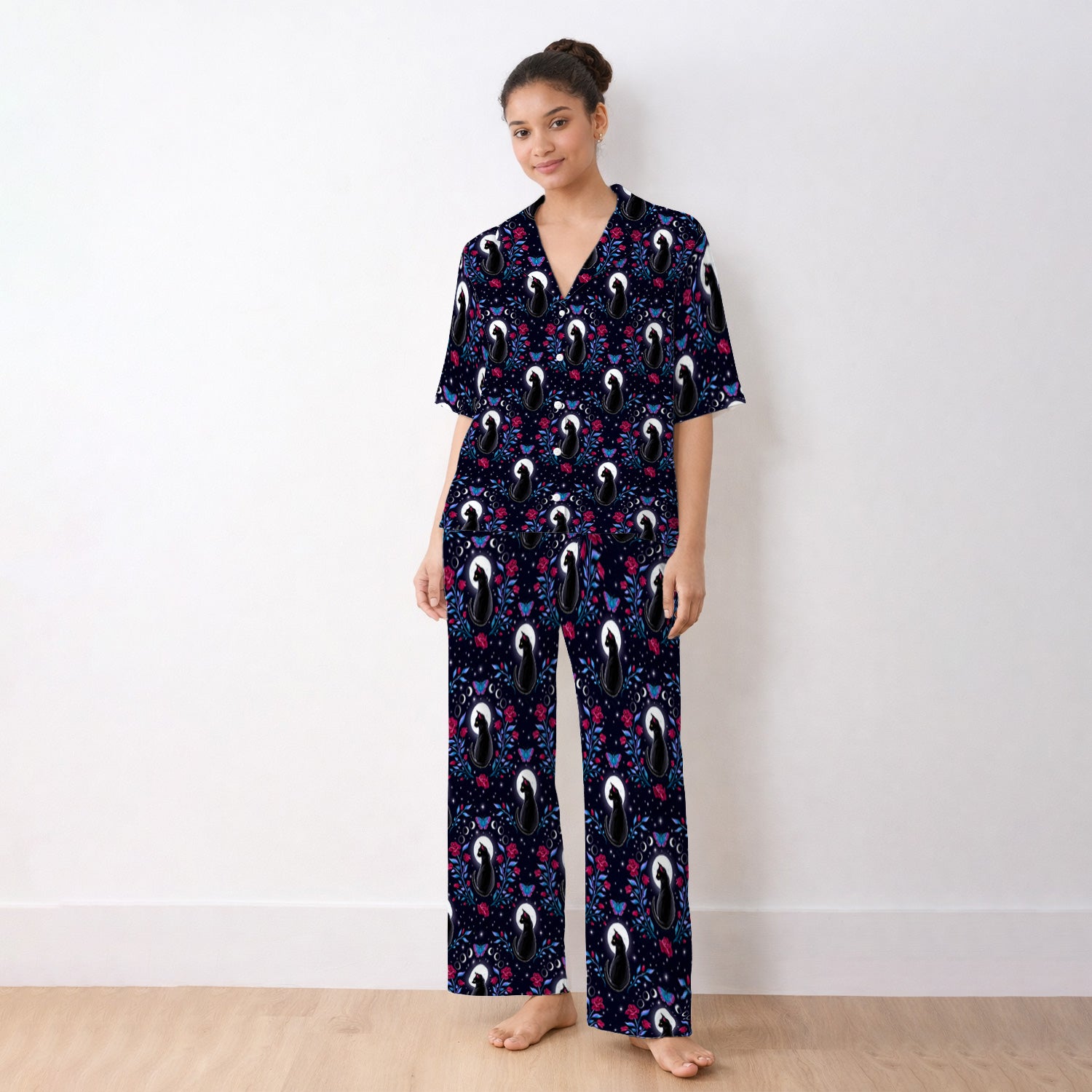 Black Cat Moon Rose Print Pajama Set, Soft Breathable Fabric Comfortable Sleepwear