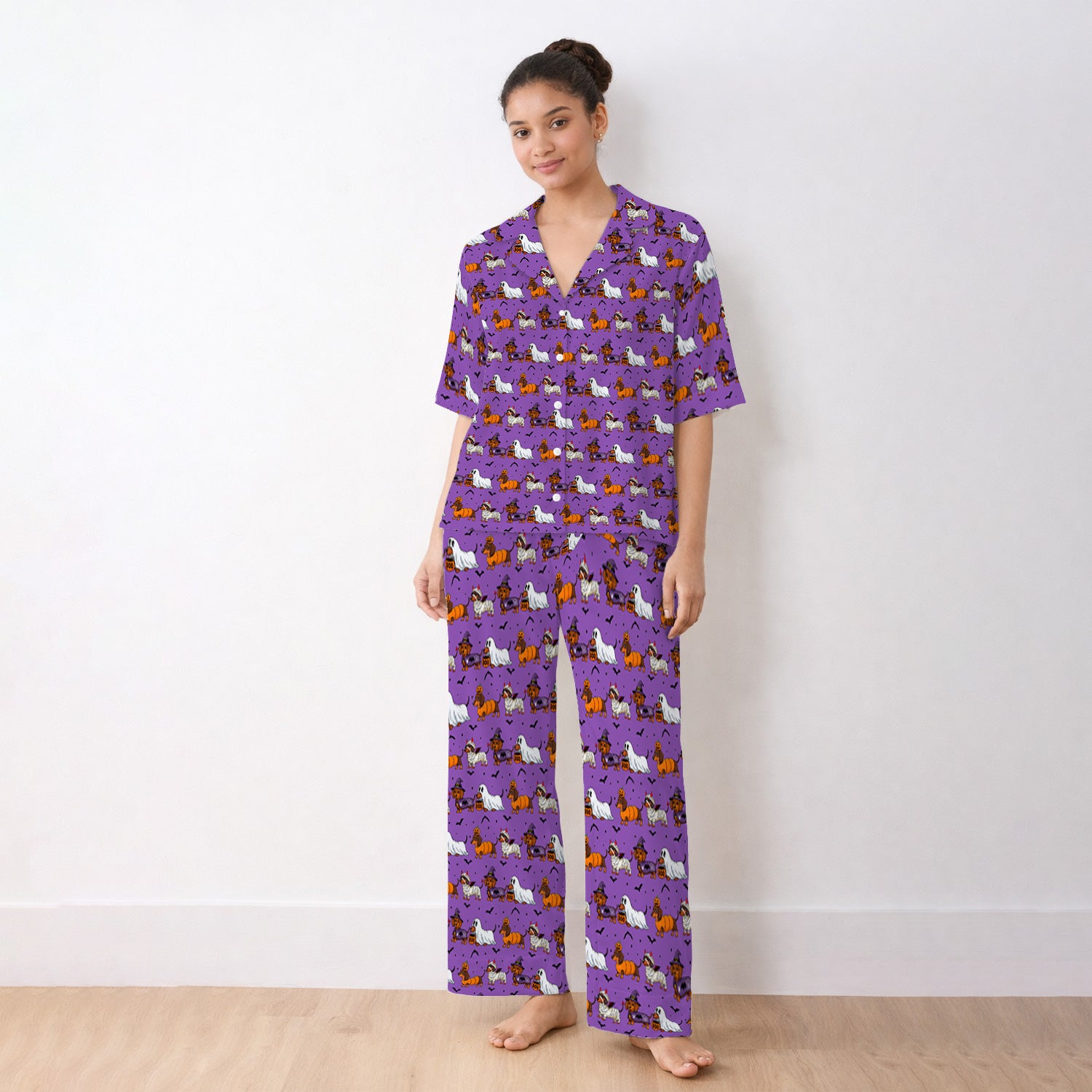 Halloween Dachshund with Bat Pattern Pajama Set, Soft Breathable Fabric Comfortable Sleepwear