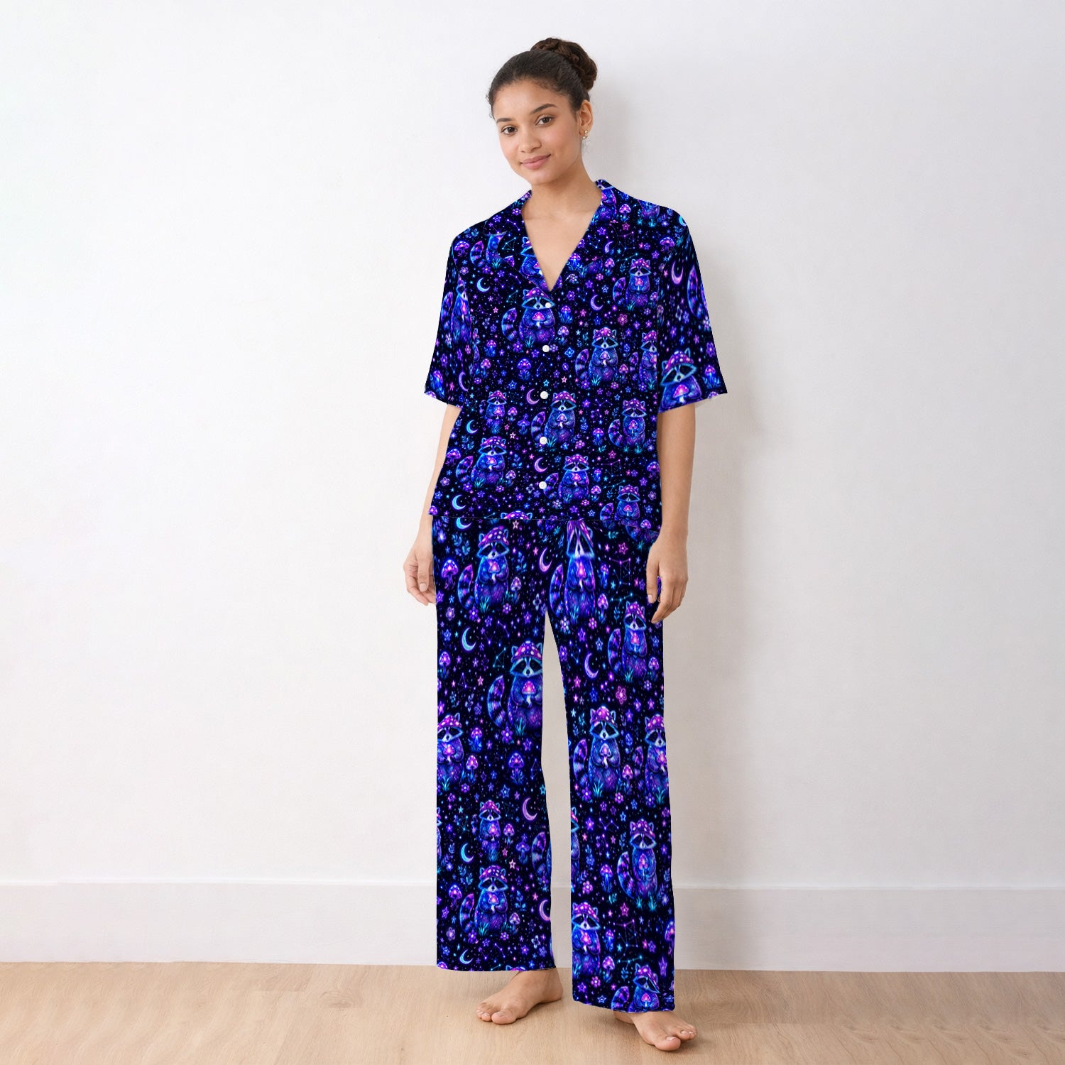 Neon Mushroom Raccoon Nurse Pattern Pajama Set, Soft Breathable Fabric Comfortable Sleepwear