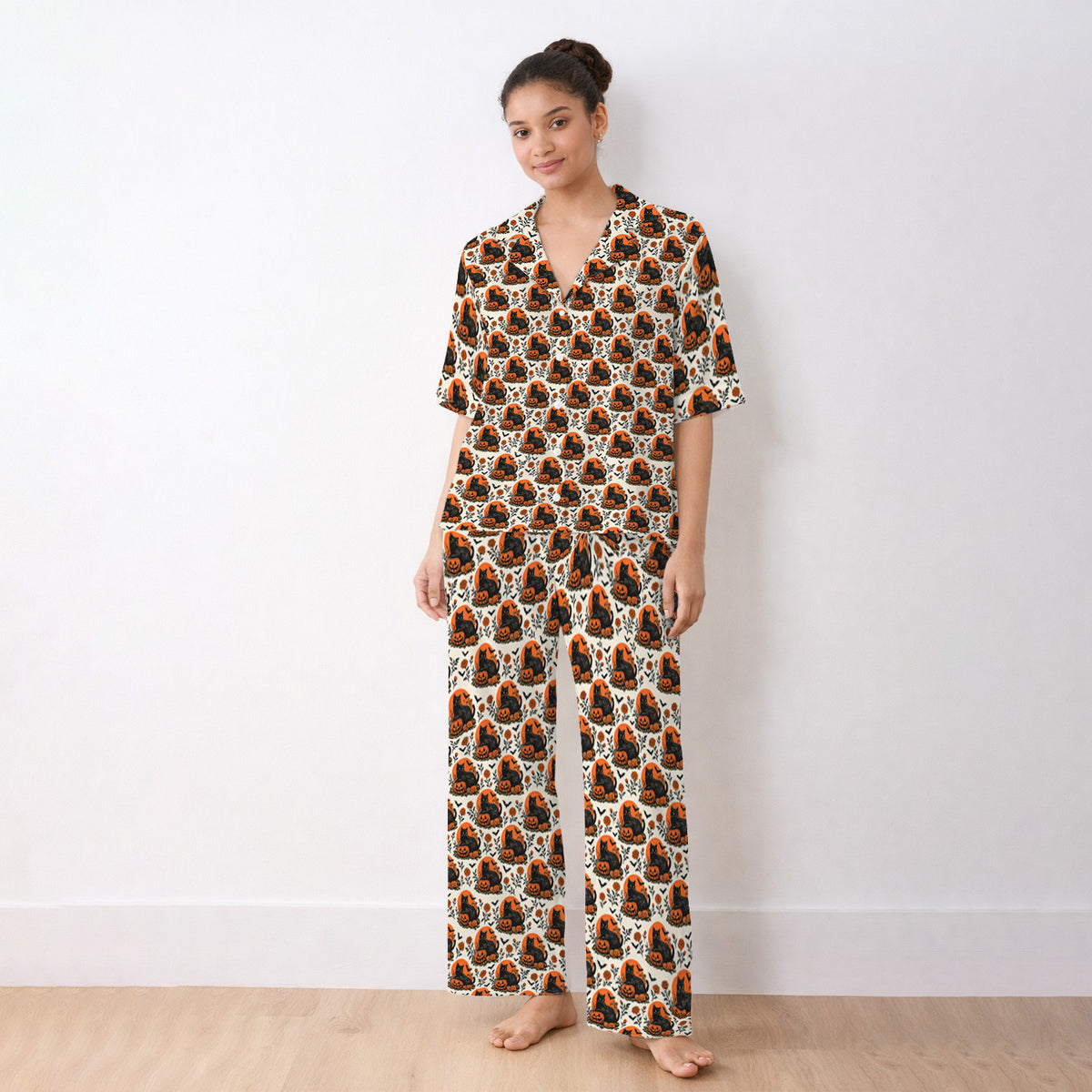Buntes Pyjama-Set mit Neon-Katzengesichtern, weicher, atmungsaktiver Stoff, bequeme Nachtwäsche