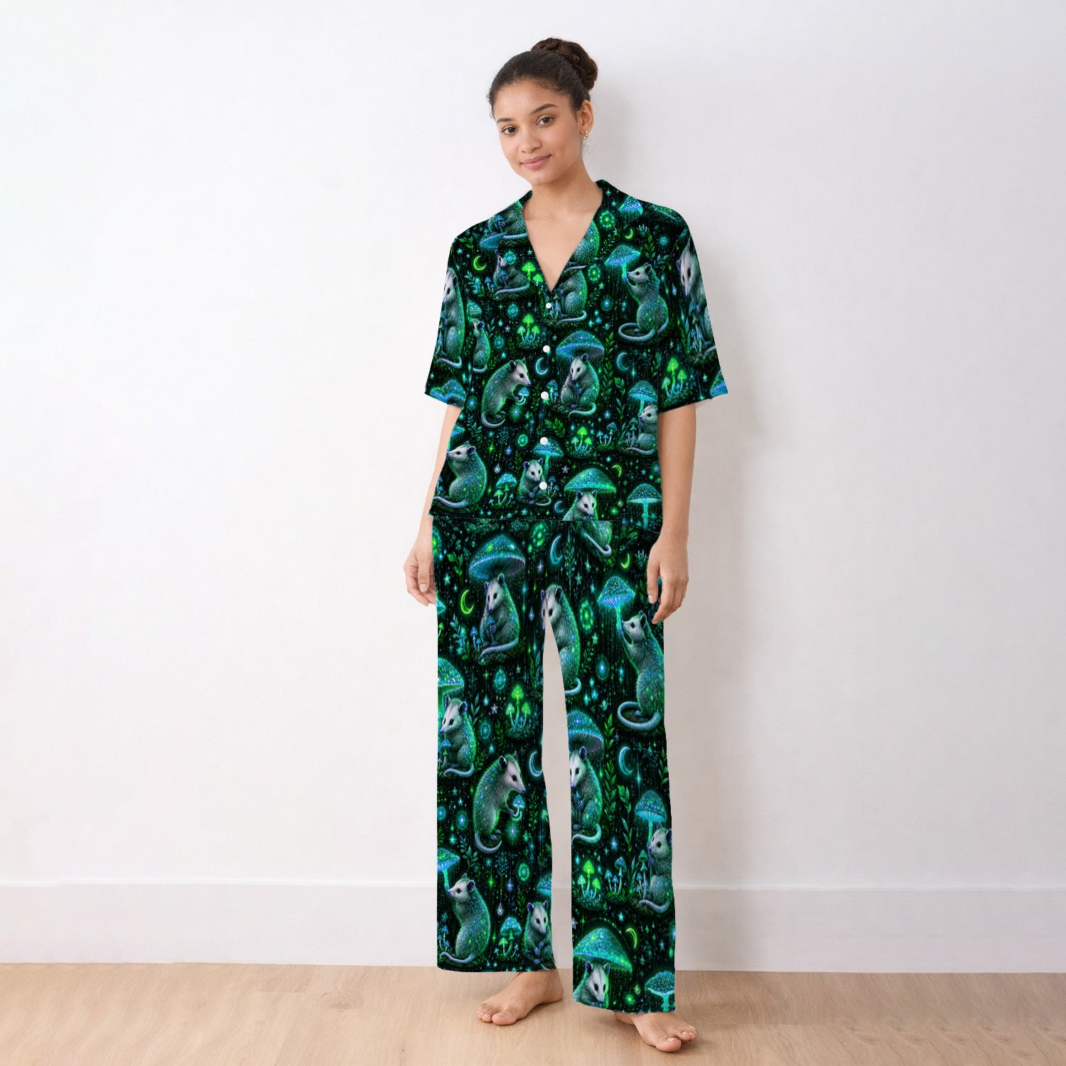 Moonlit Opossum Mushroom Pattern Pajama Set, Soft Breathable Fabric Comfortable Sleepwear