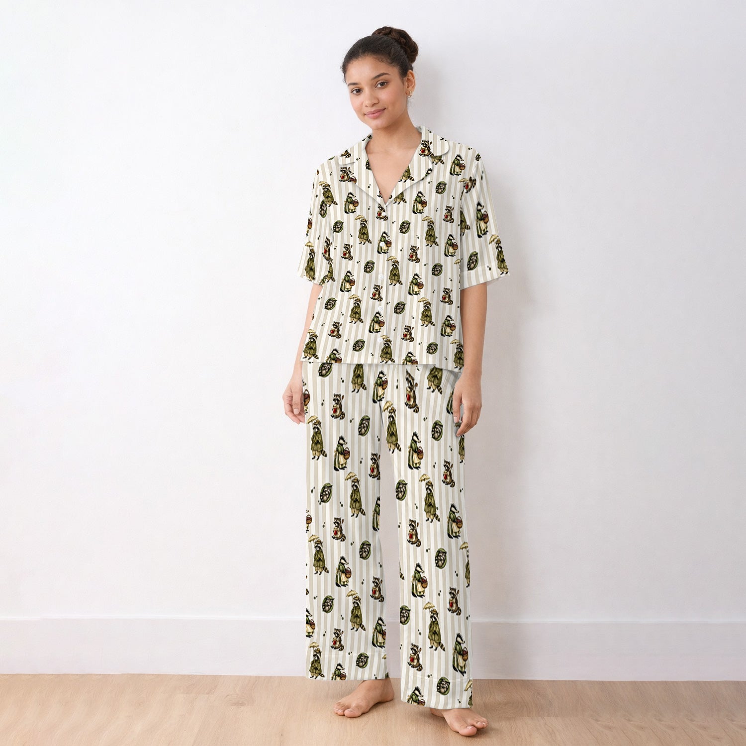 Cute Woodland Raccoon Print Pajama Set, Soft Breathable Fabric Comfortable Sleepwear