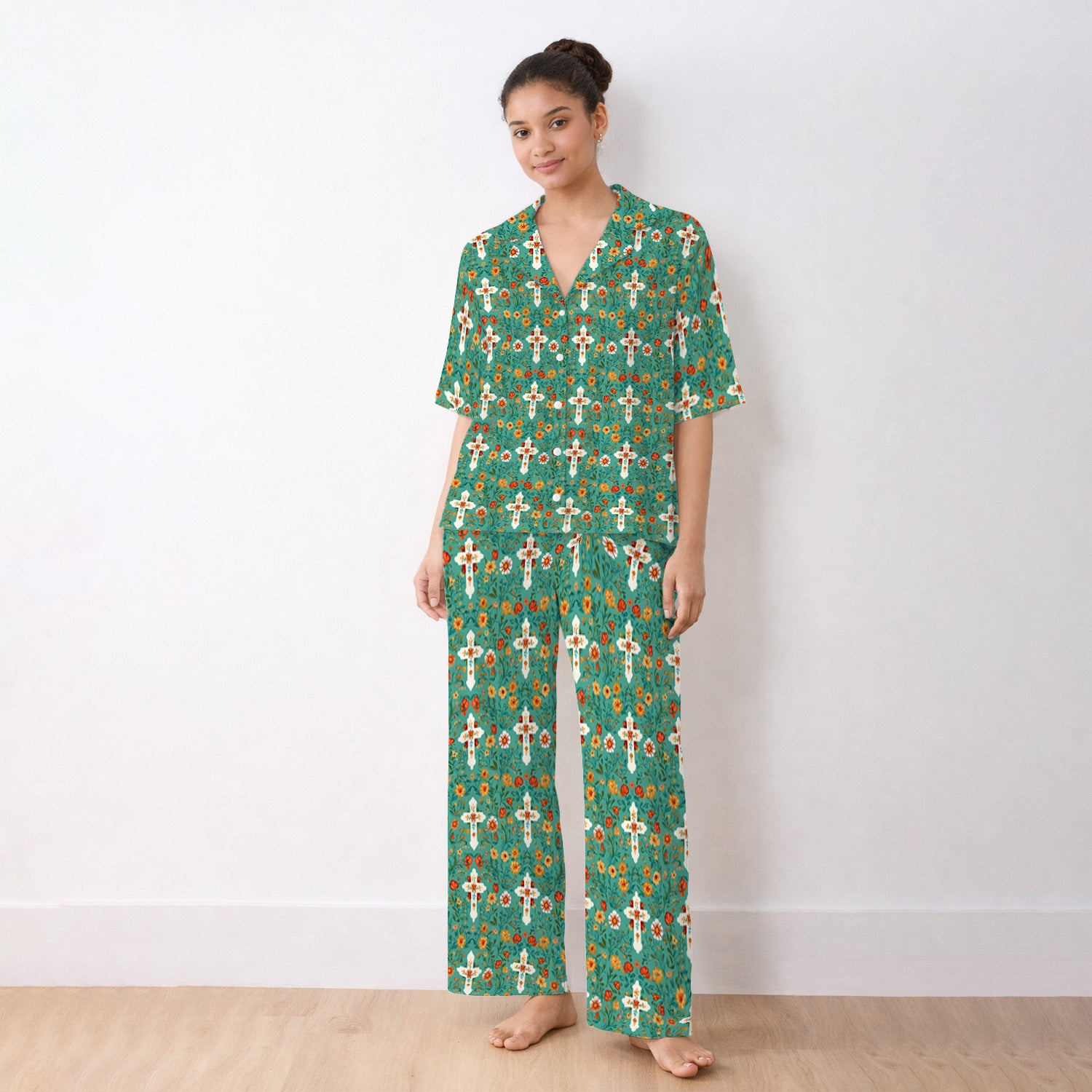 Christian Faith Floral Cross Pattern Pajama Set, Soft Breathable Fabric Comfortable Sleepwear