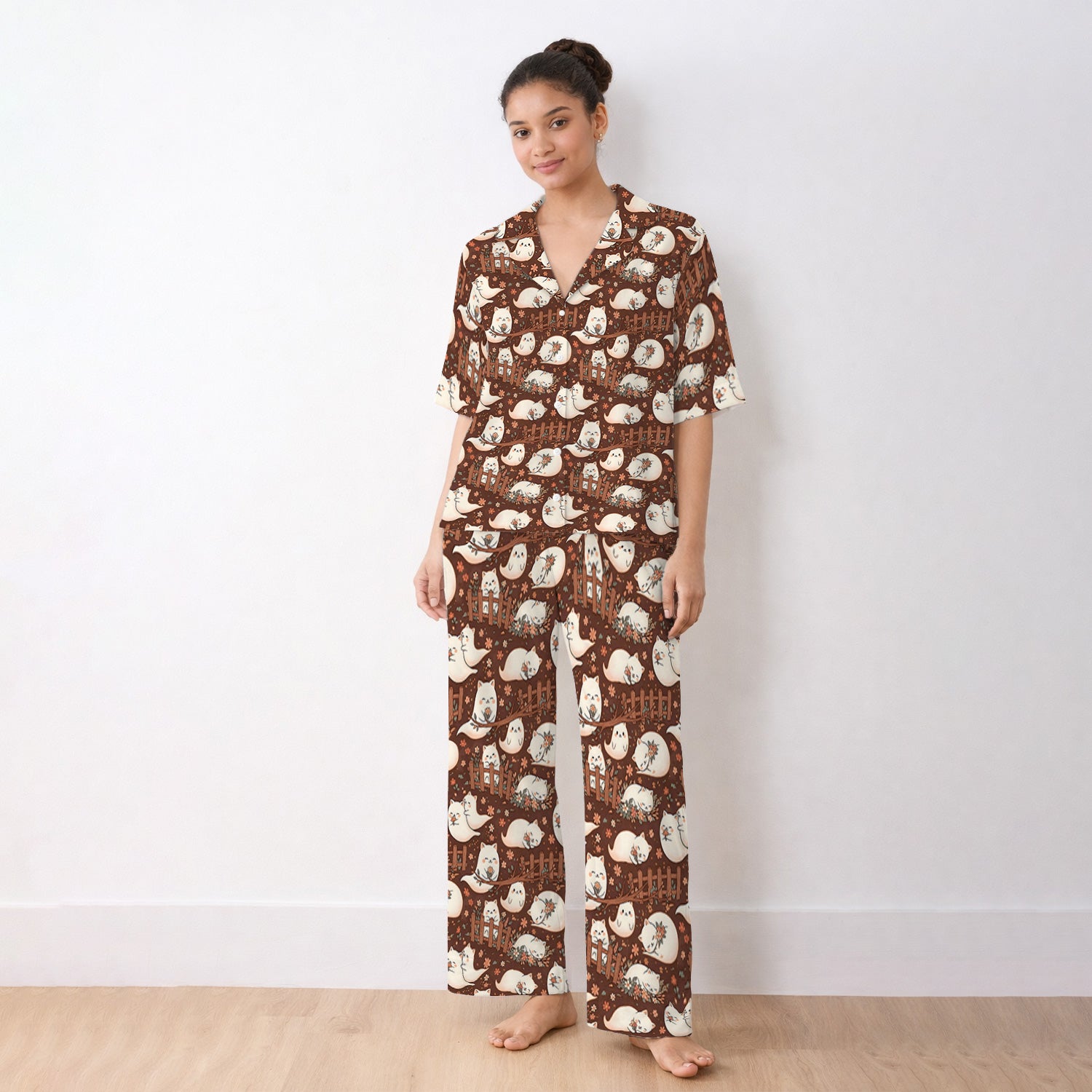 Floral Cat with Garden Fence Print Pajama Set, Soft Breathable Fabric Comfortable Sleepwear