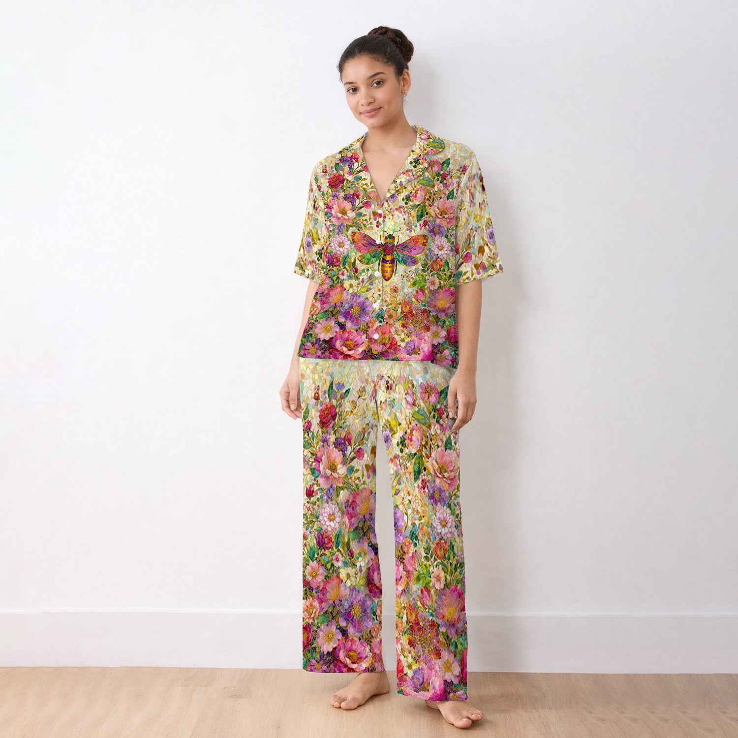 Vibrant Mosaic Bee Nurse for RN, CNA, Floral Garden Medical Pajama Set, Soft Breathable Fabric Comfortable Sleepwear