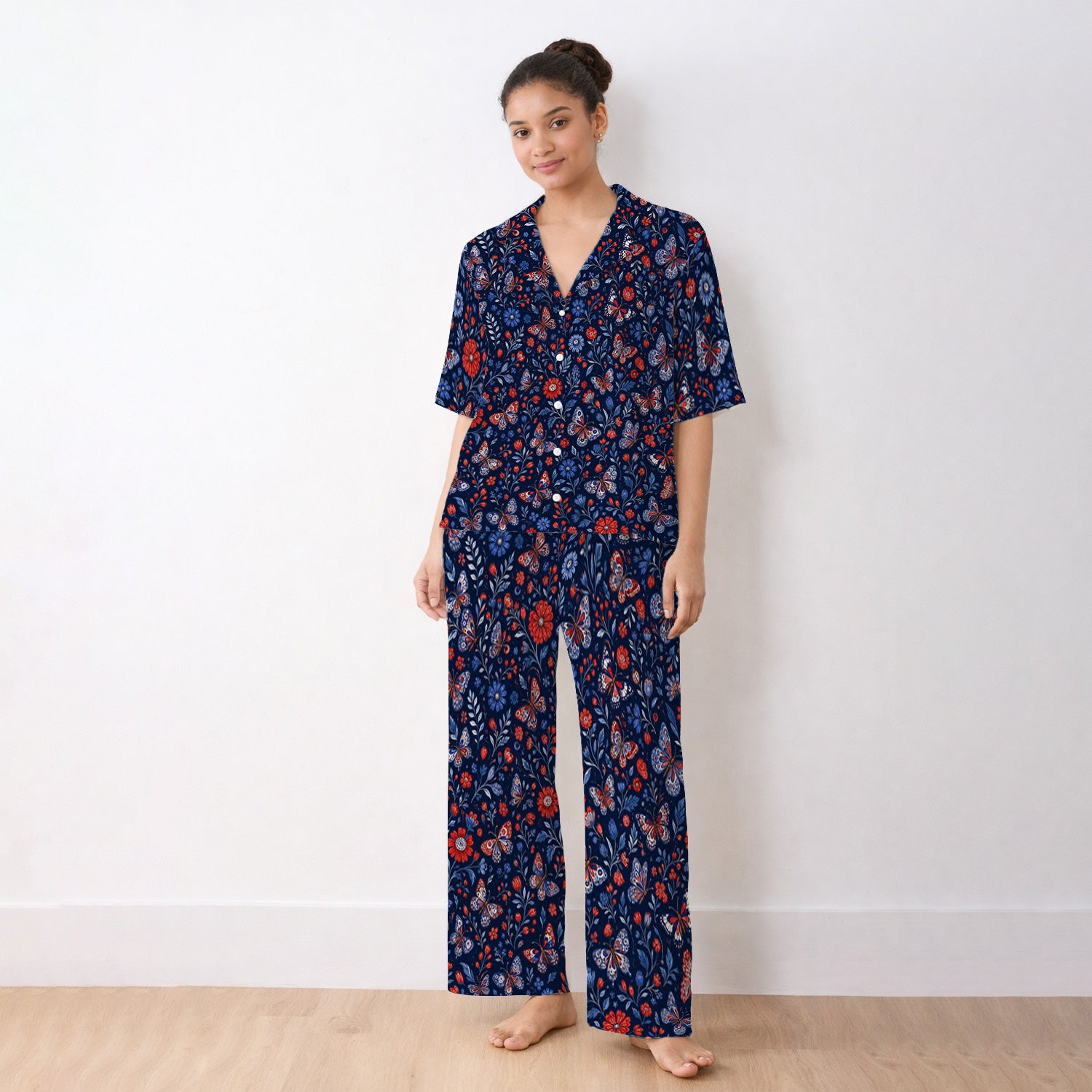 Patriotic Floral Butterfly Pattern Pajama Set, Soft Breathable Fabric Comfortable Sleepwear