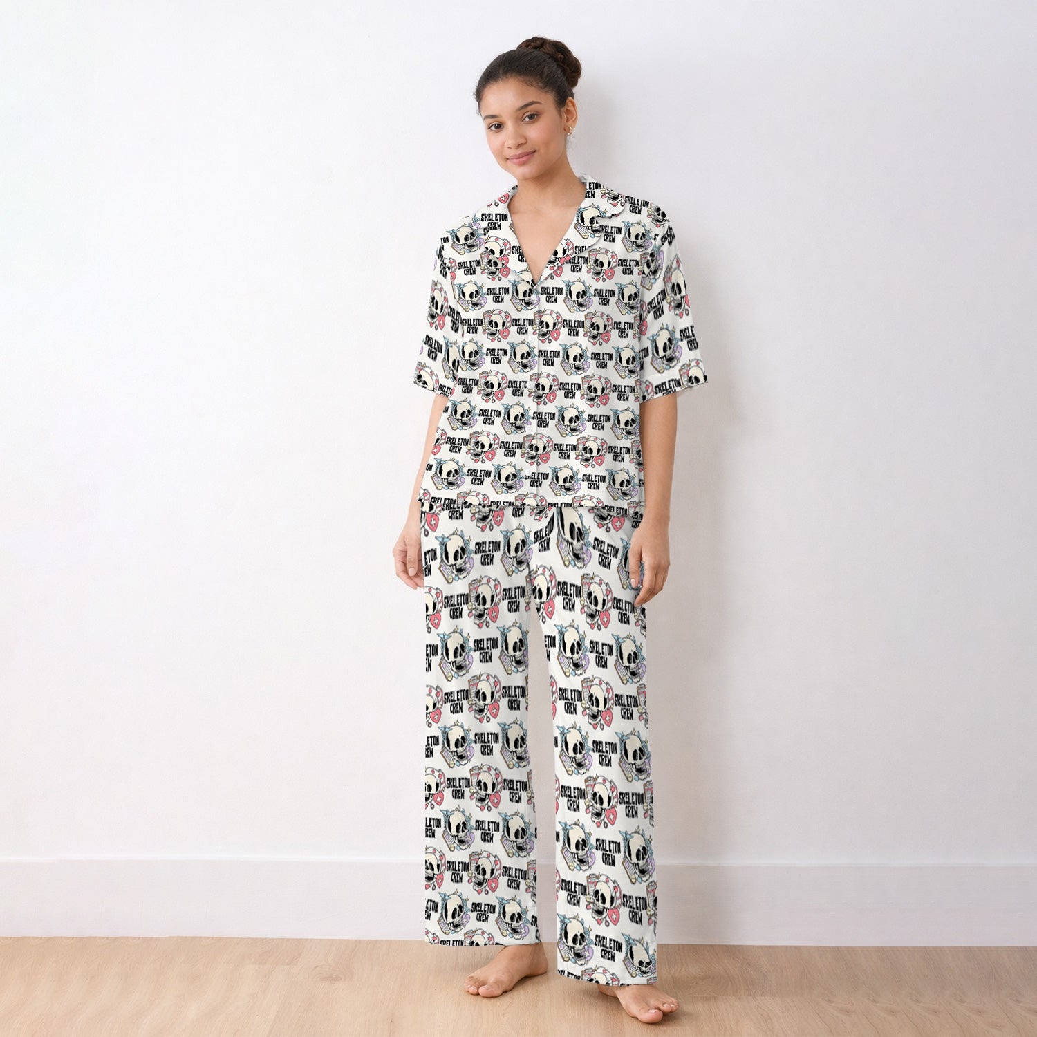 Funny Halloween Skeleton Crew Pajama Set, Soft Breathable Fabric Comfortable Sleepwear