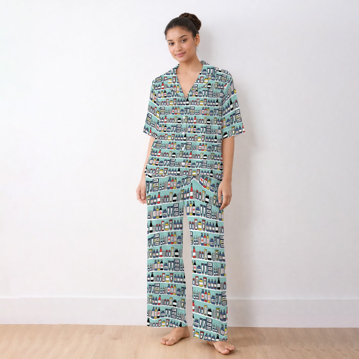 Medicine Bottle Pharmacy Pills Care Pattern Pajama Set, Breathable Fabrics Uniform