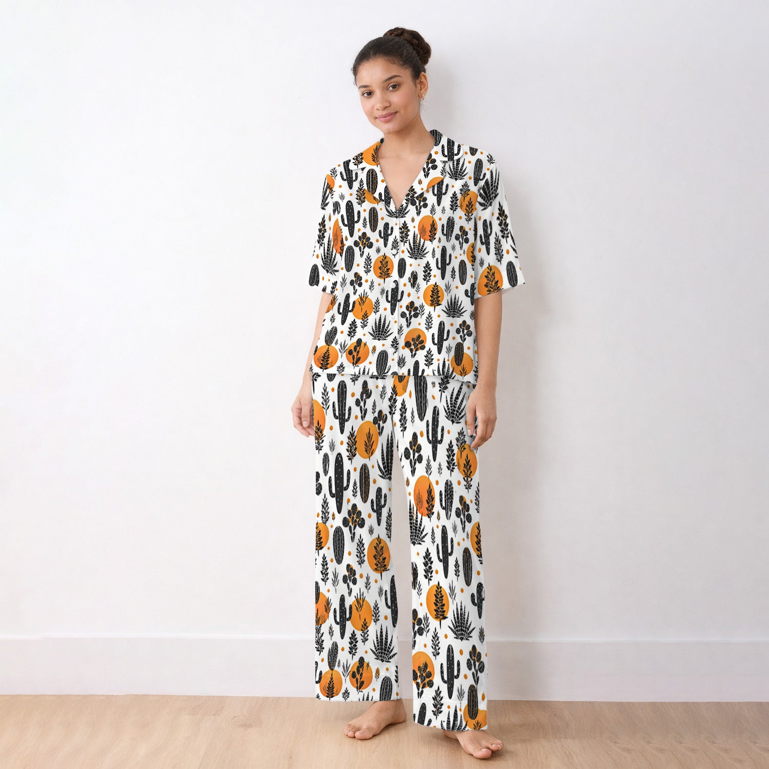 Desert Cactus Orange Sun Pattern Pajama Set, Soft Breathable Fabric Comfortable Sleepwear