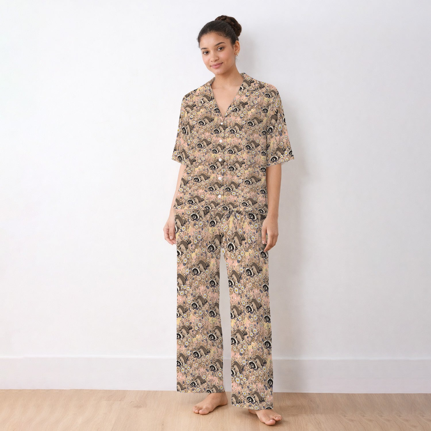 Cute Raccoon Wildflower Meadow Pattern Pajama Set, Soft Breathable Fabric Comfortable Sleepwear