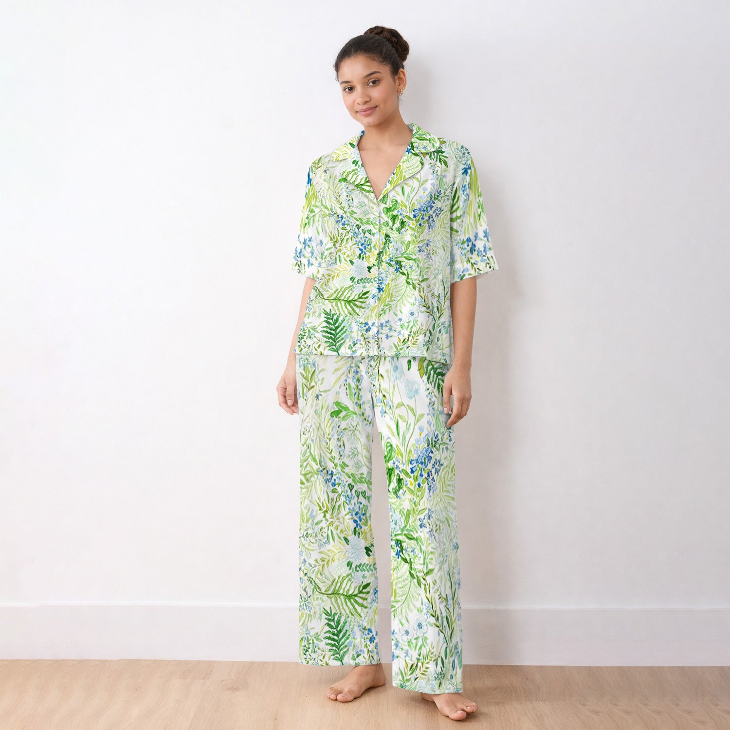 Green Botanical Floral Pattern Pajama Set, Breathable Fabrics Uniform