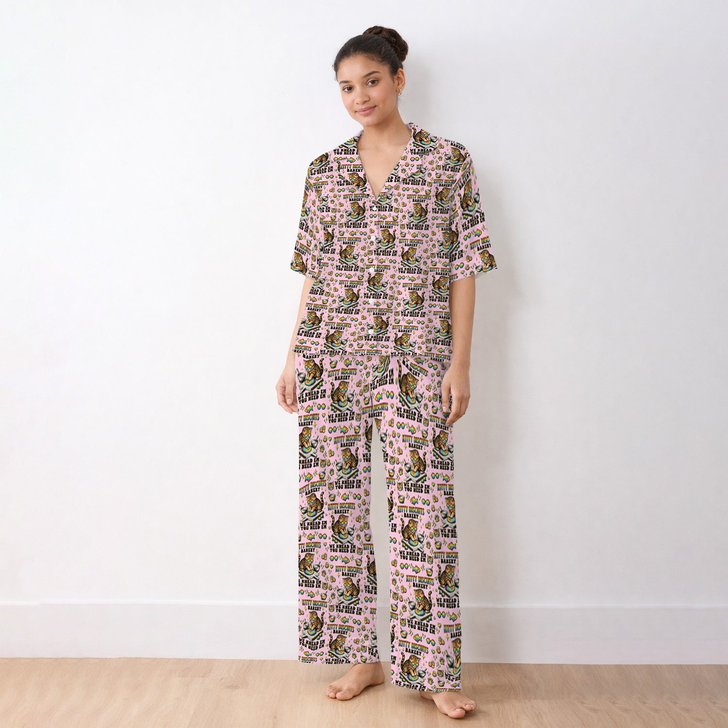 Pride Nurse Cat Baking Rainbow Dough Pattern Pajama Set, Breathable Fabrics Uniform