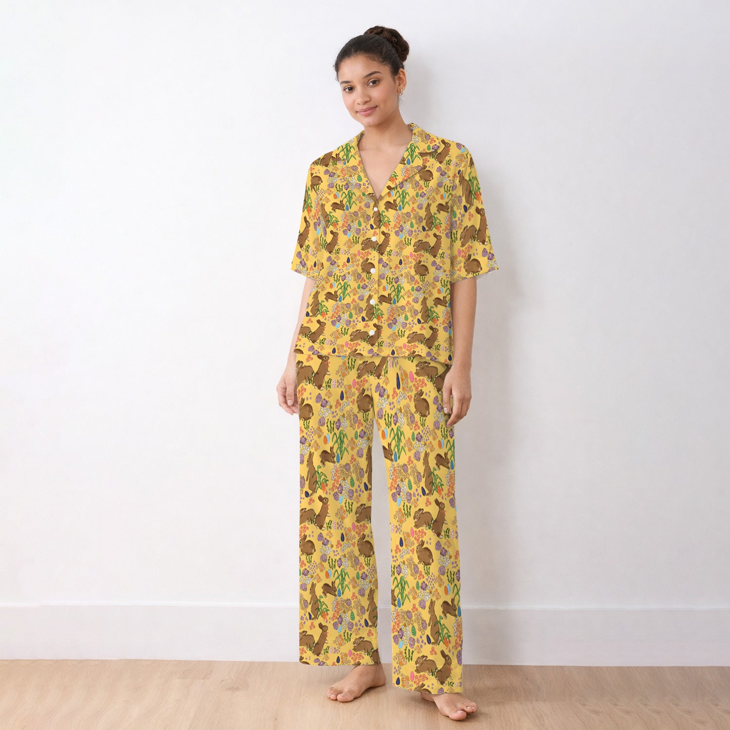 Cute Easter Bunny Pattern Pajama Set, Soft Breathable Fabric Comfortable Sleepwear