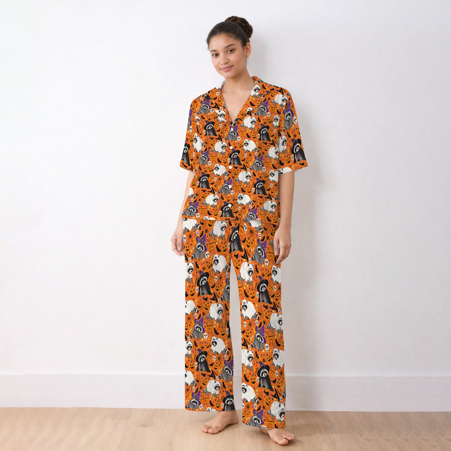 Cute Halloween Raccoon Costumes Print Pajama Set, Soft Breathable Fabric Comfortable Sleepwear