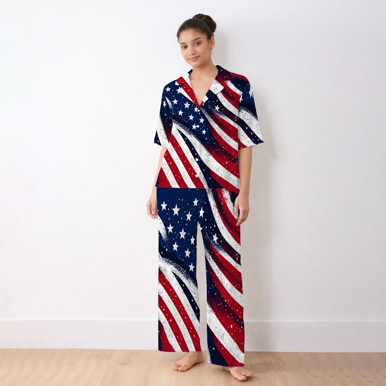 Festive American Flag Stars Pattern Pajama Set, Soft Breathable Fabric Comfortable Sleepwear