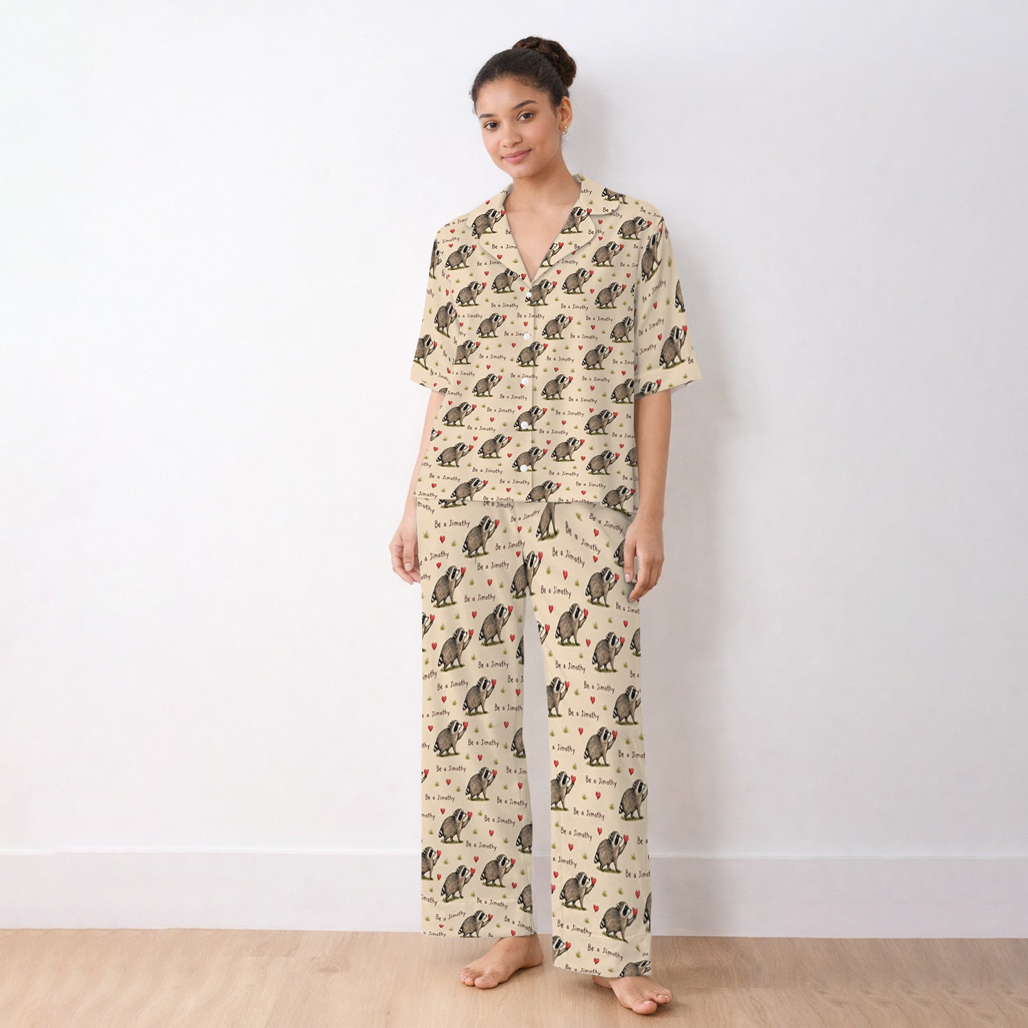 Cute Be A Jimothy Raccoon Hearts Pajama Set, Soft Breathable Fabric Comfortable Sleepwear